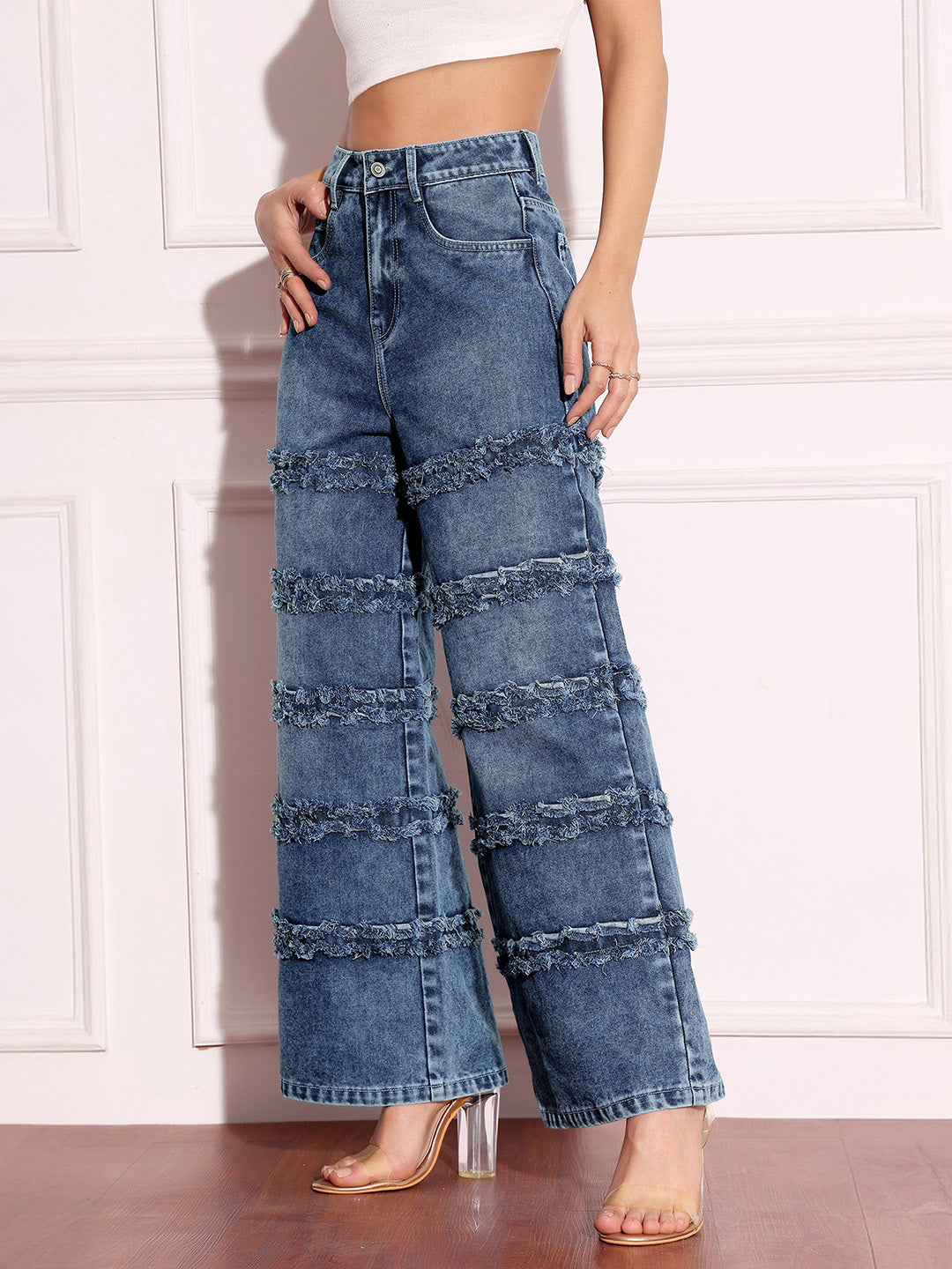 Women's Navy-Blue Wide-Leg High-Rise Highly-Distressed Regular-Length Denim Jeans