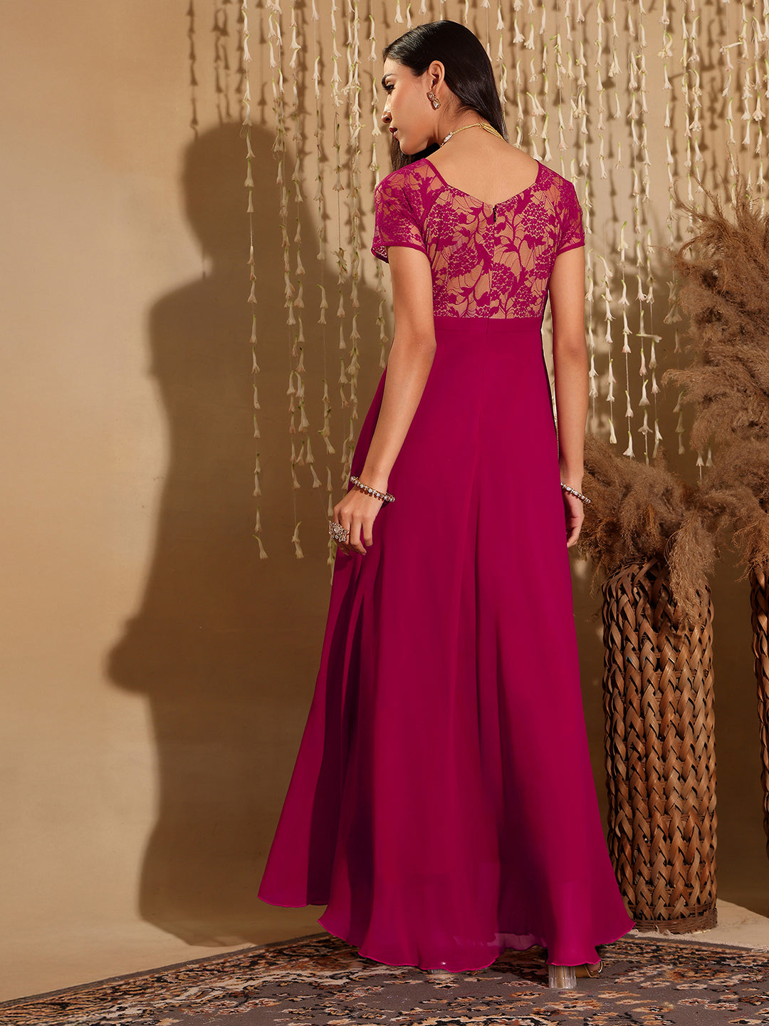 Women's Dark Pink Square Neck Raglan Short Sleeve Self Design Lace Overlaid Georgette Maxi Dress