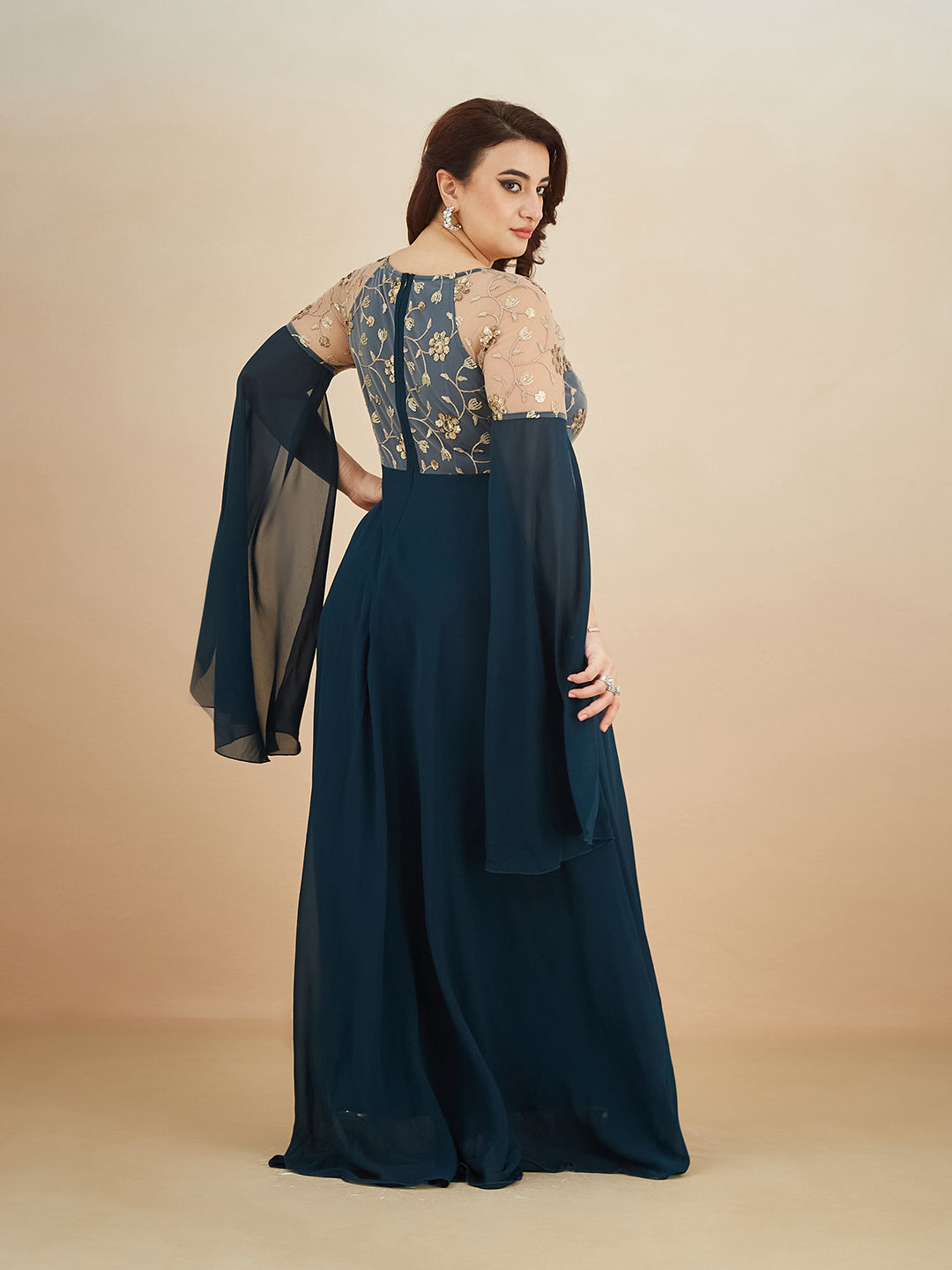 Teal V-Neck Full Sleeve Embroidered Fit & Flare Georgette Maxi Dress for Women