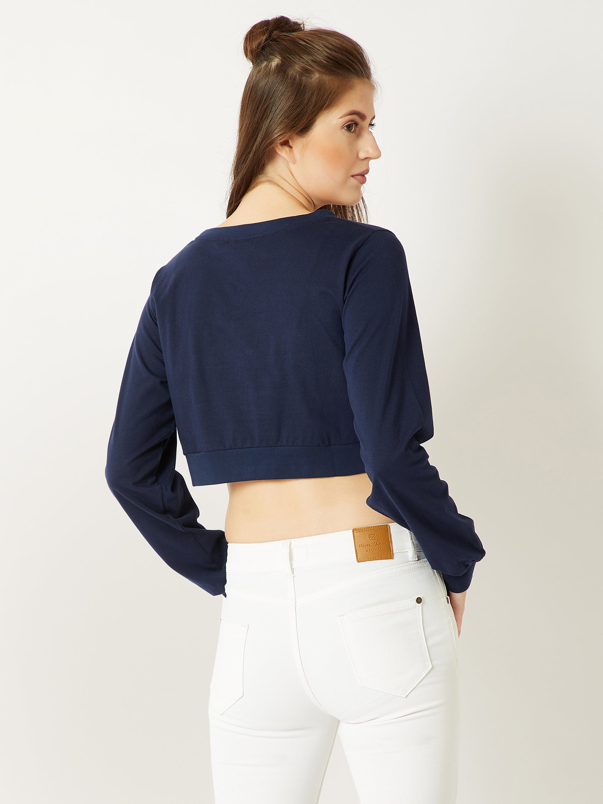 Women's Navy Blue Round Neck Full Sleeve Cotton Solid Pompom And Twill Tape Detailing Boxy Crop Top