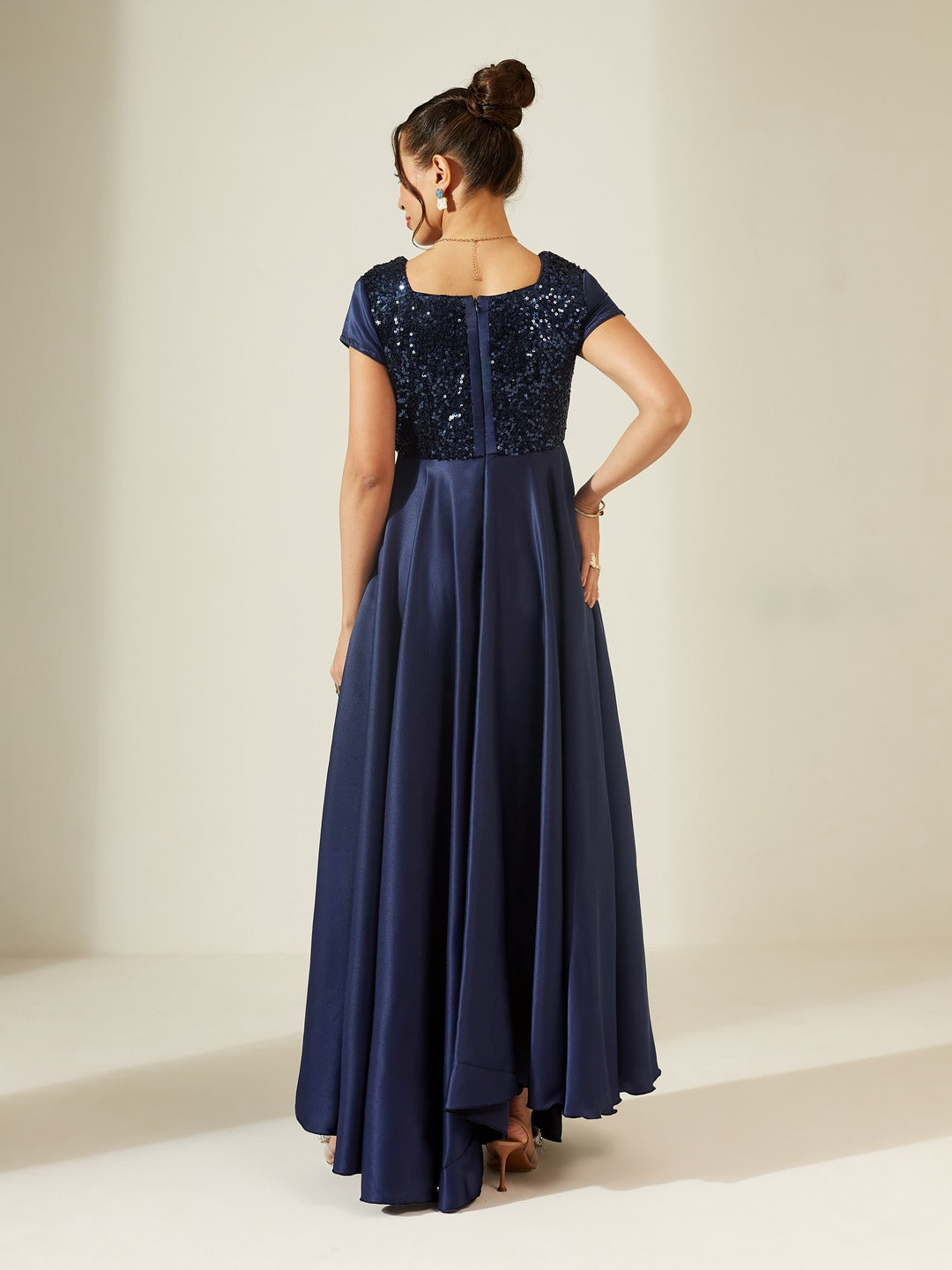 Navy Blue Square Neck Short Sleeve Embellished Polyester Fit & Flare Maxi Dress for Women