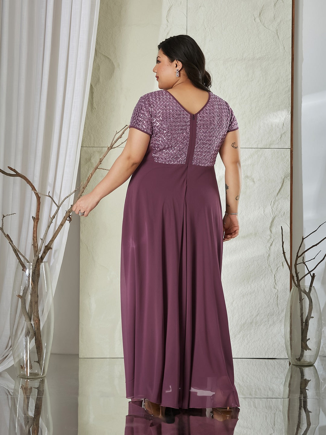 Mauve Round Neck Cap Sleeve Embellished Fit & Flare Maxi Crepe Dress for Women