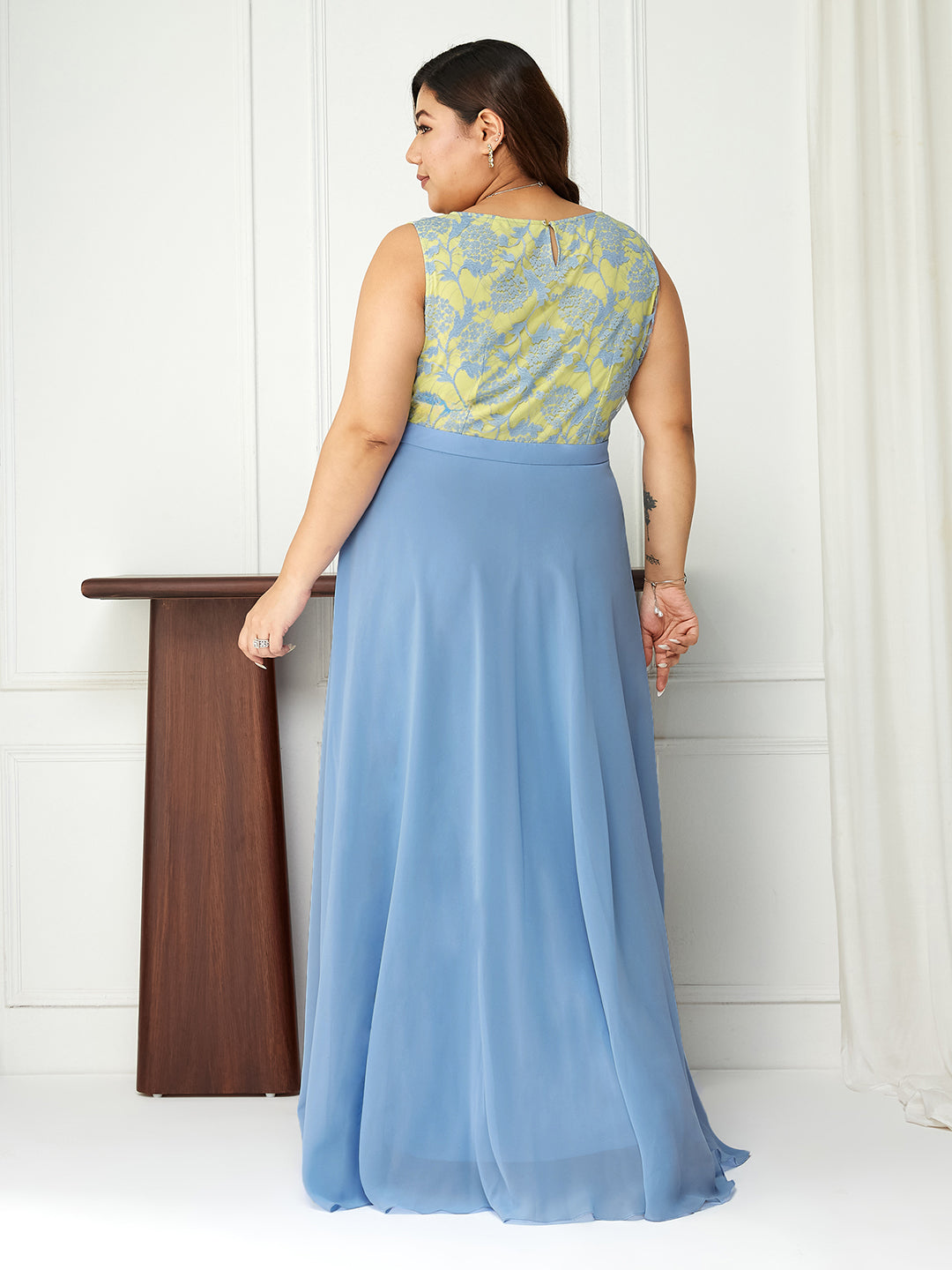 Body Bliss Sky Blue Georgette & Lace Floral Fit & Flare Maxi Dress