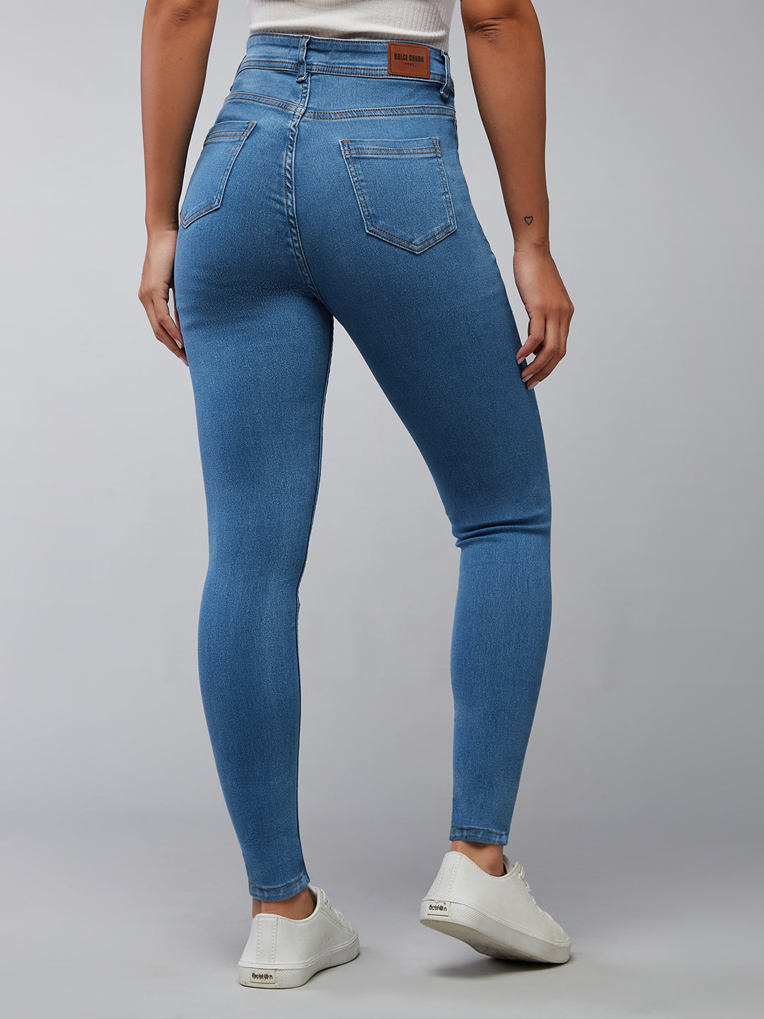 24/7 Comfort Mid-Blue Skinny-Fit High-Rise Distressed Denim Jeans for Women — Dolce Crudo