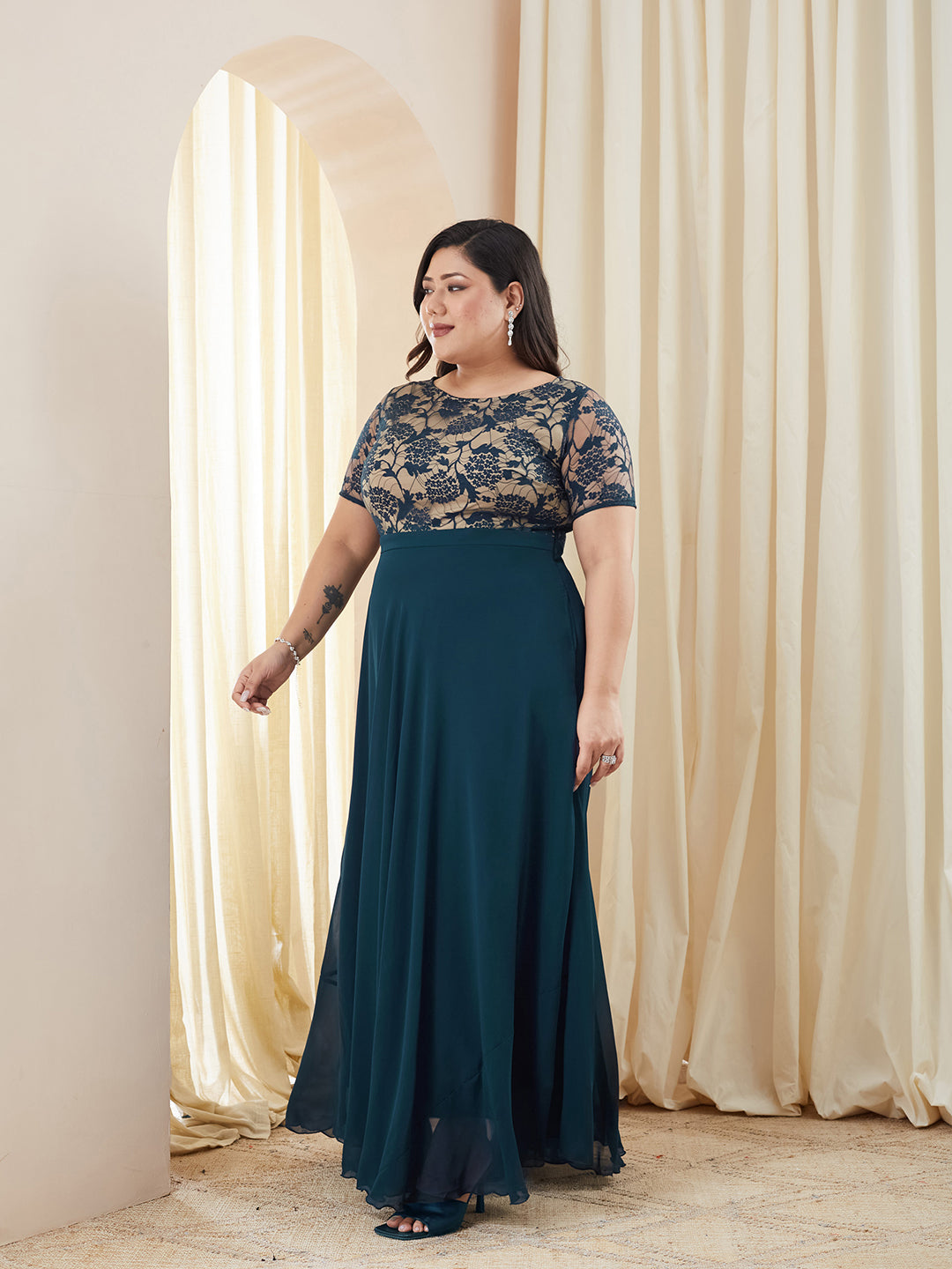 Teal Round Neck Half Sleeve Self Design Fit & Flare Georgette Maxi Dress for Women — Miss Chase A+