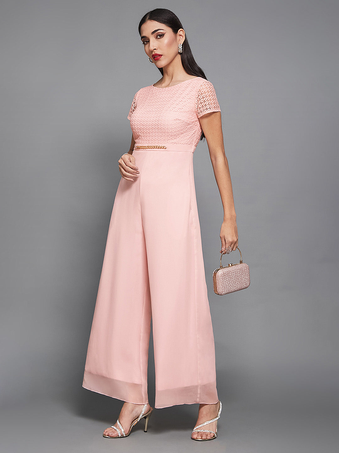 Women's Dusty Pink Round Neck Short Sleeve Self Design Lace-Overlaid Regular Jumpsuit