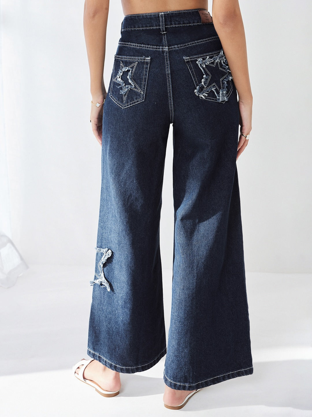 Navy Blue High Rise Mildly-Distressed Regular-Length Stretchable Denim Wide-leg Jeans for Women