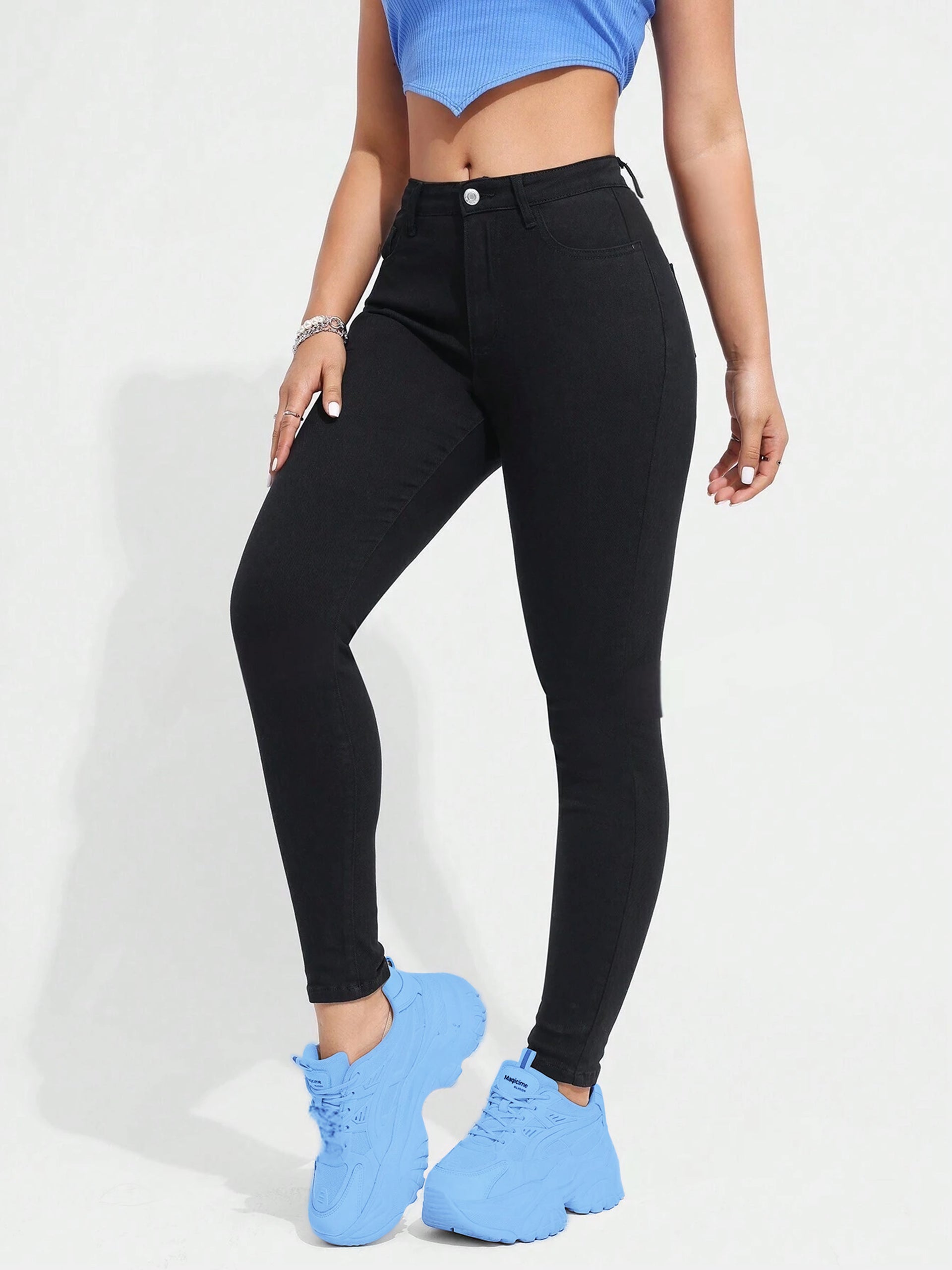 Women's Black Skinny-Fit High-Rise Clean-Look Regular Length Clean-Look Stretchable Denim Jeans