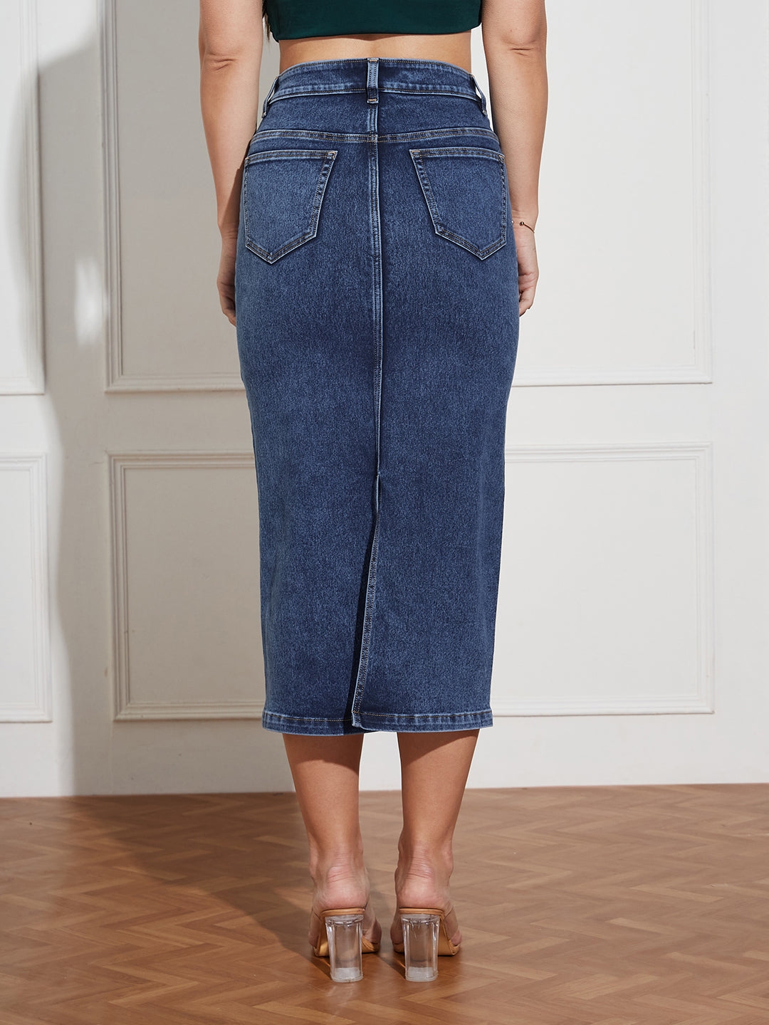 CHASEshape™ Women's Dark Blue High-Rise Stretchable Denim Midi Skirt with Back Slit – Shaping Fit