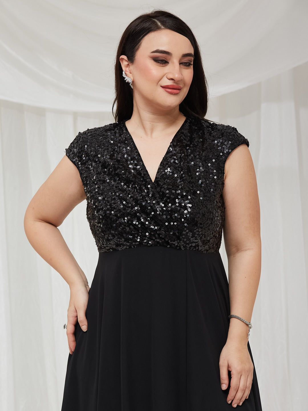 Black V-Neck Cap Sleeved Solid Wrap Maxi Dress for Women — Miss Chase A+