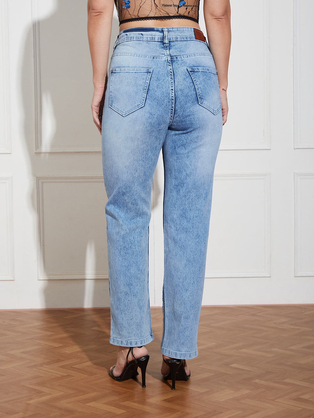 Women's Light Blue Mom Fit High Rise Hand Painted Heavy Wash Stretchable Denim Jeans