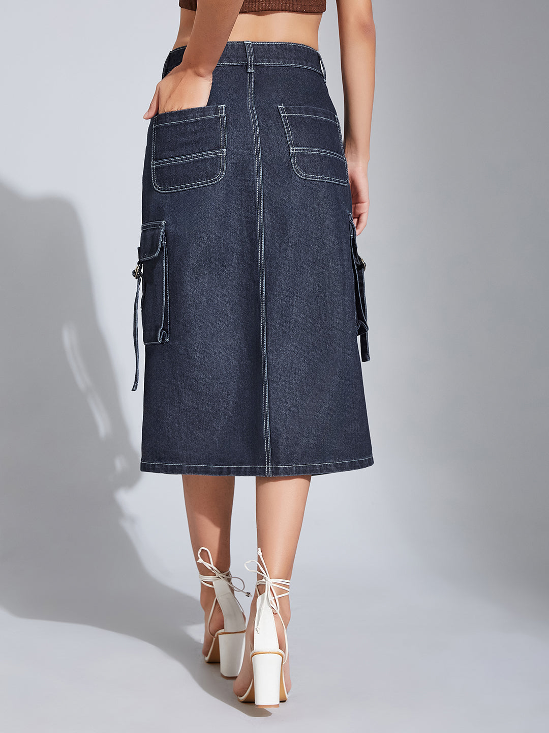 Women's Navy Blue Straight High-Rise Clean-Look Midi Denim Skirt
