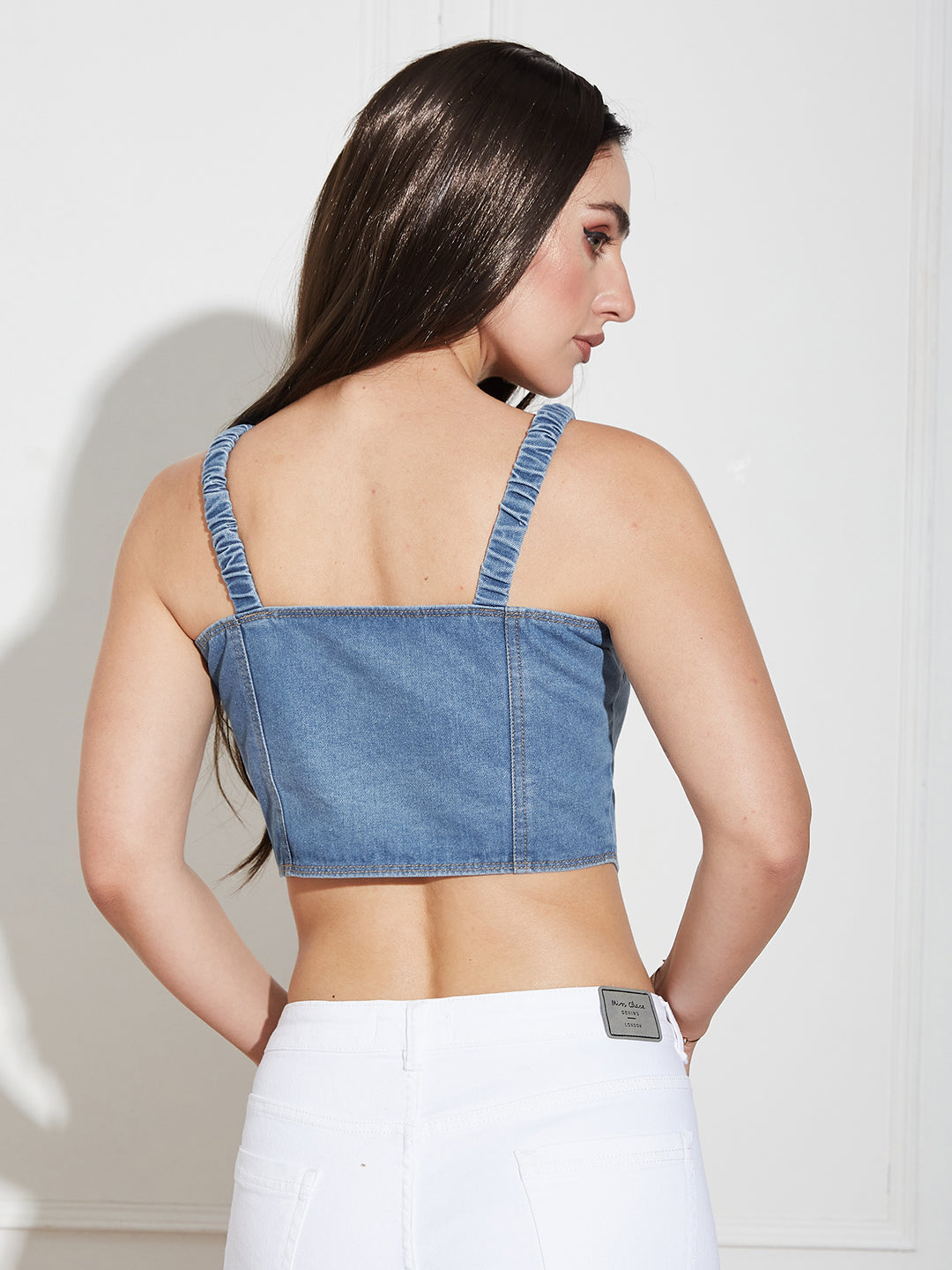 Womens Mid Blue V Neck Elasticated Straps Sleeve Solid Waistcoat-Styled Cropped Denim Top