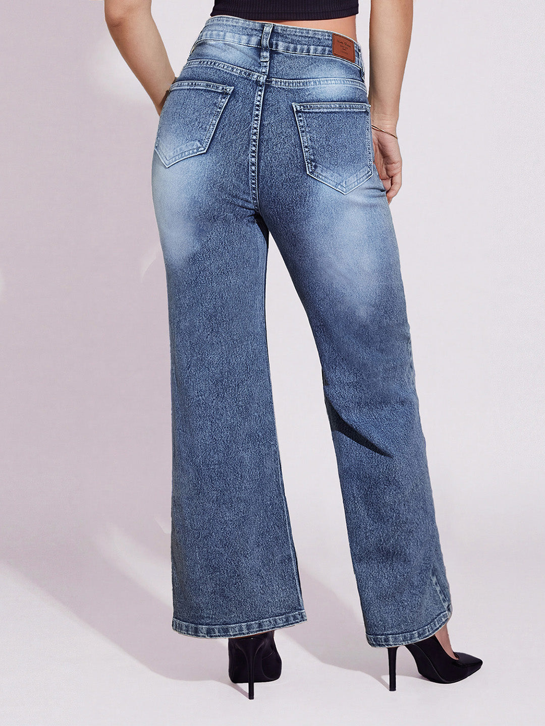 Light Blue Wide-Leg High-Rise Stretchable Denim Jeans for Women