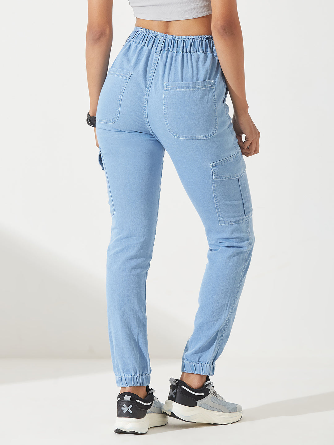 Women's Light Blue High-Rise Stretchable Denim Joggers