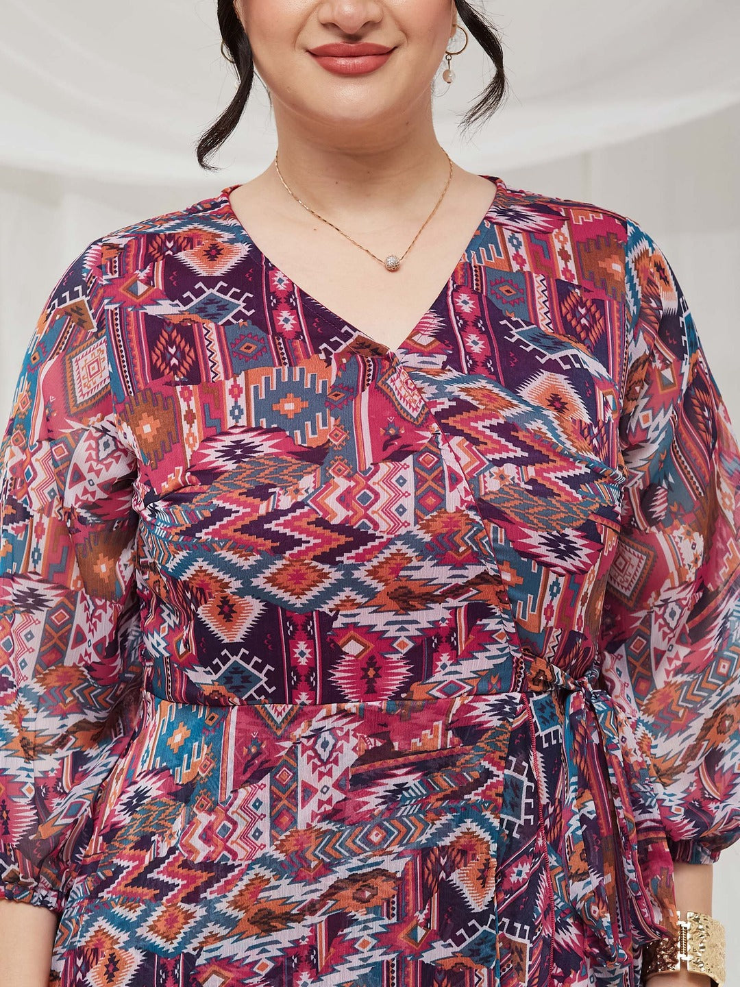 V-Neck Three-Quarter Sleeve Geometric Patterned Wrap Midi Chiffon Dress for Women — Miss Chase A+