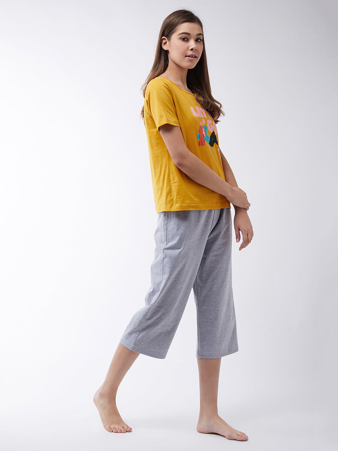 Women's Mustard Yellow and Charcoal Gray Round Neck Short Sleeves Regular length Top & Capri Set