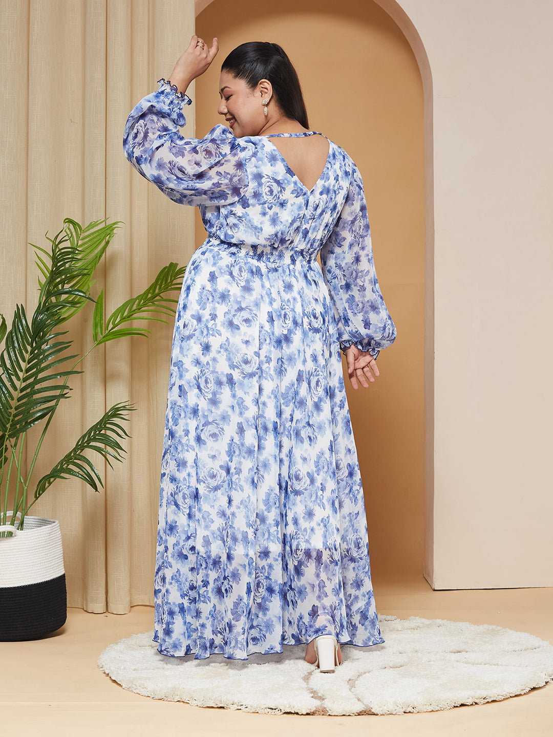 Multicolored-Base-White V-Neck Full-Sleeves Floral Gathered Chiffon Maxi Dress for Women