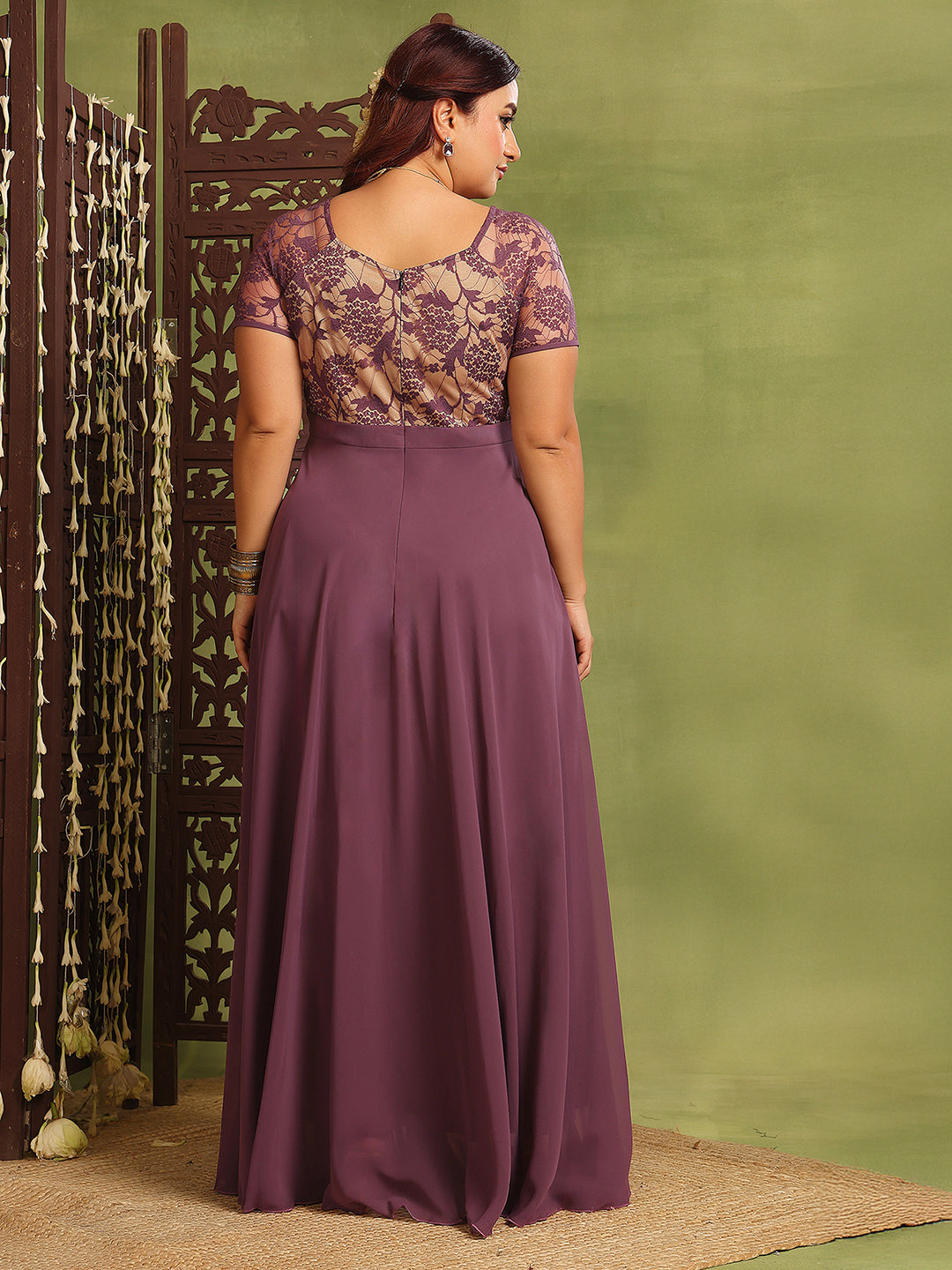 Women's Mauve Square-Neck Raglan-Sleeve Self-Designed Flared Georgette Maxi Dress