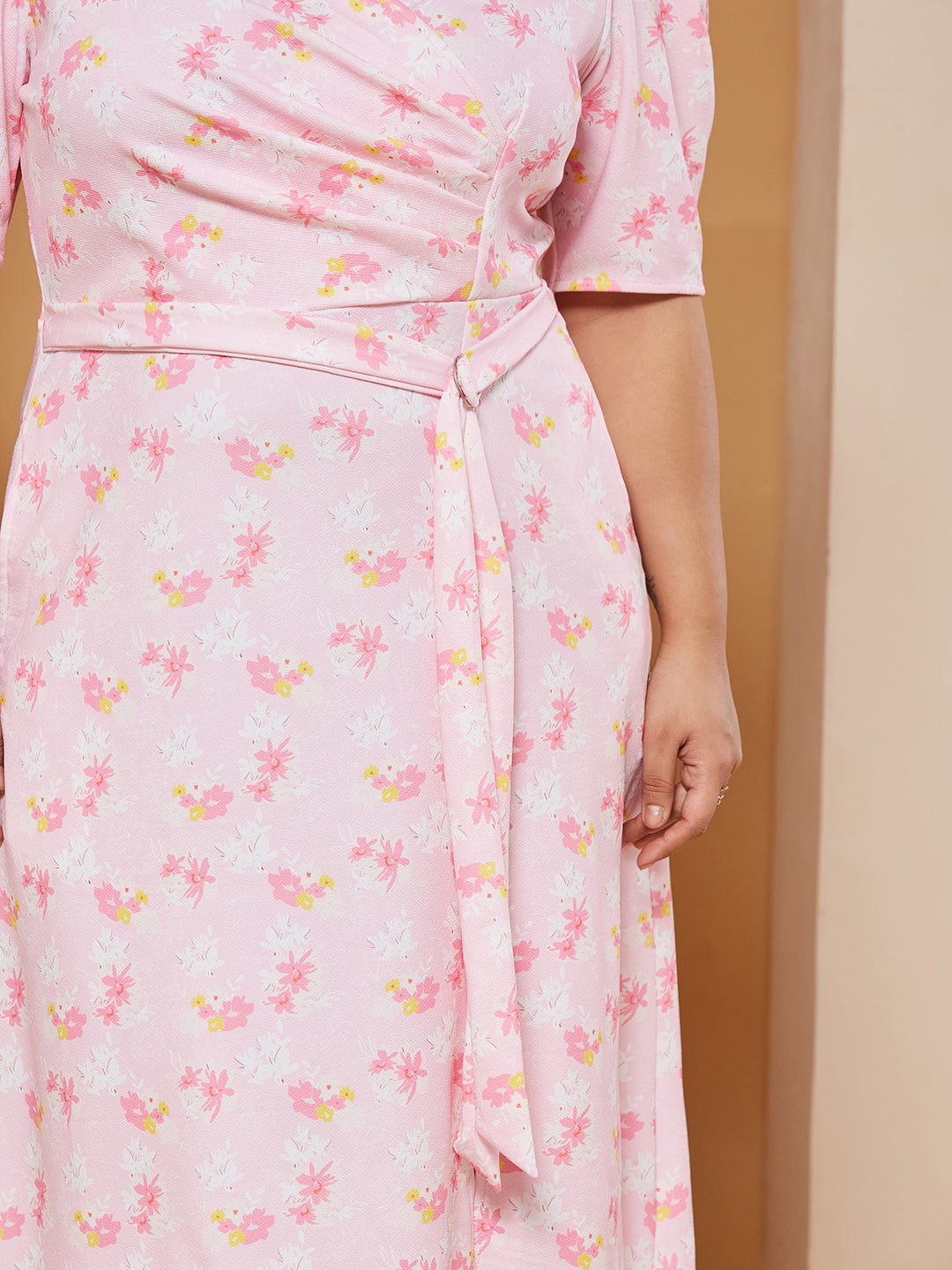 Multicolored-Base-Pink V-neck Puff-Sleeves Floral Wrap Midi Dress for Women