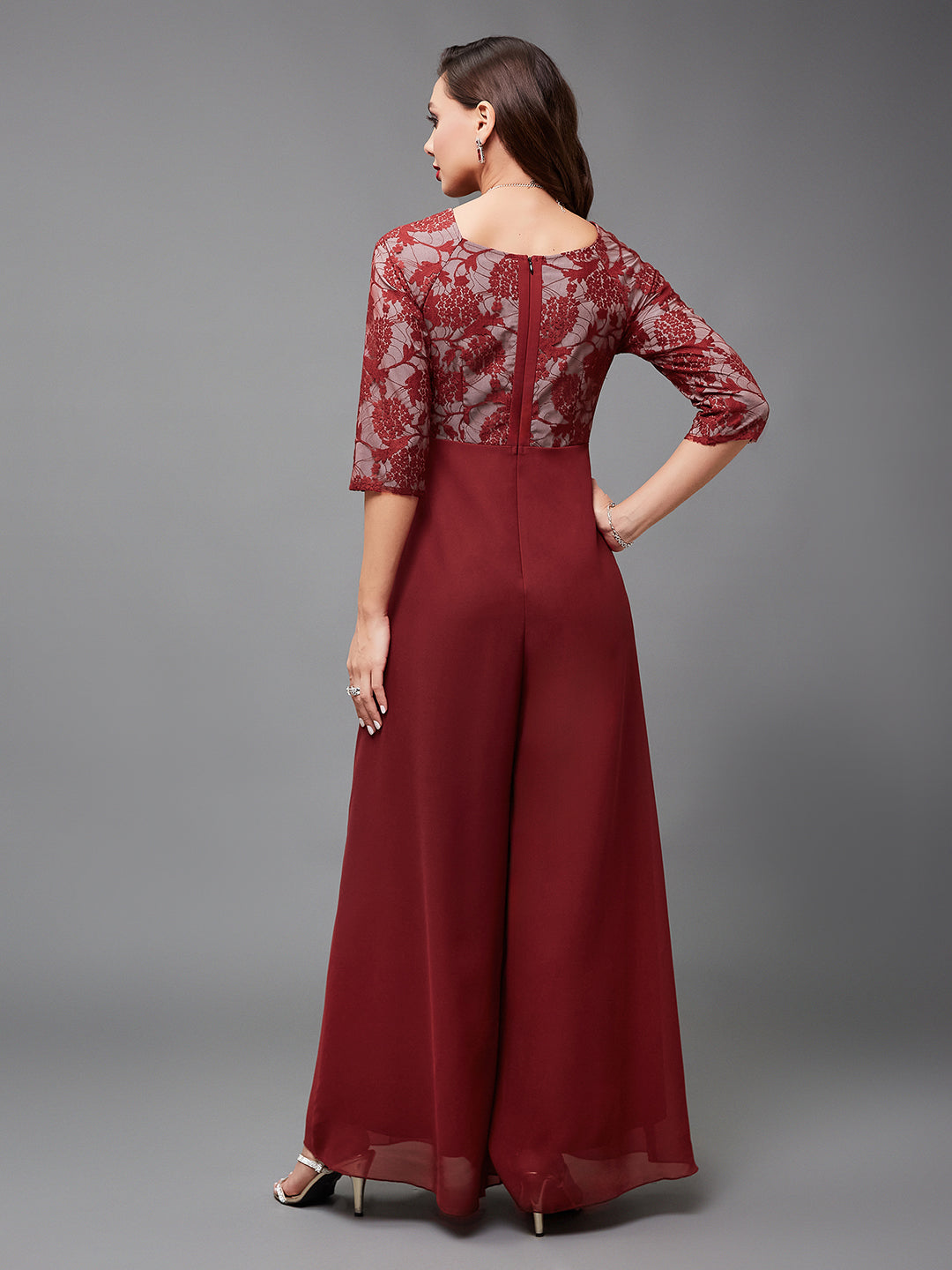 Women's Maroon V-Neck Full Sleeve Self Design Cut-Out Georgette Jumpsuit