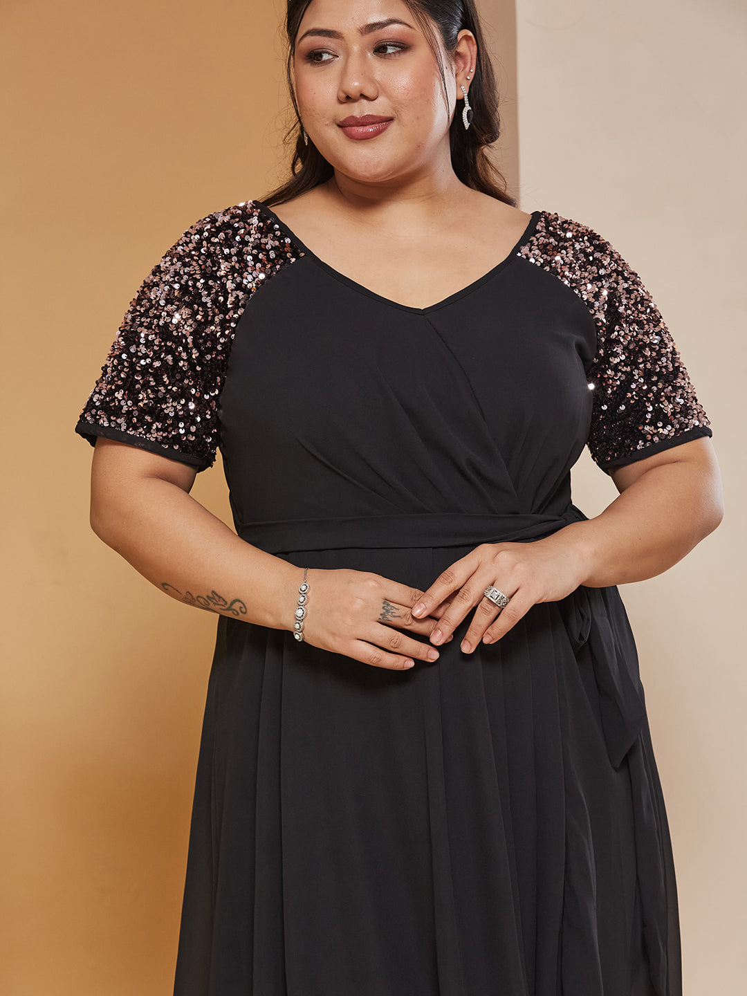 Black Half Sleeves Sequinned Fit and Flare Maxi Dress for Women