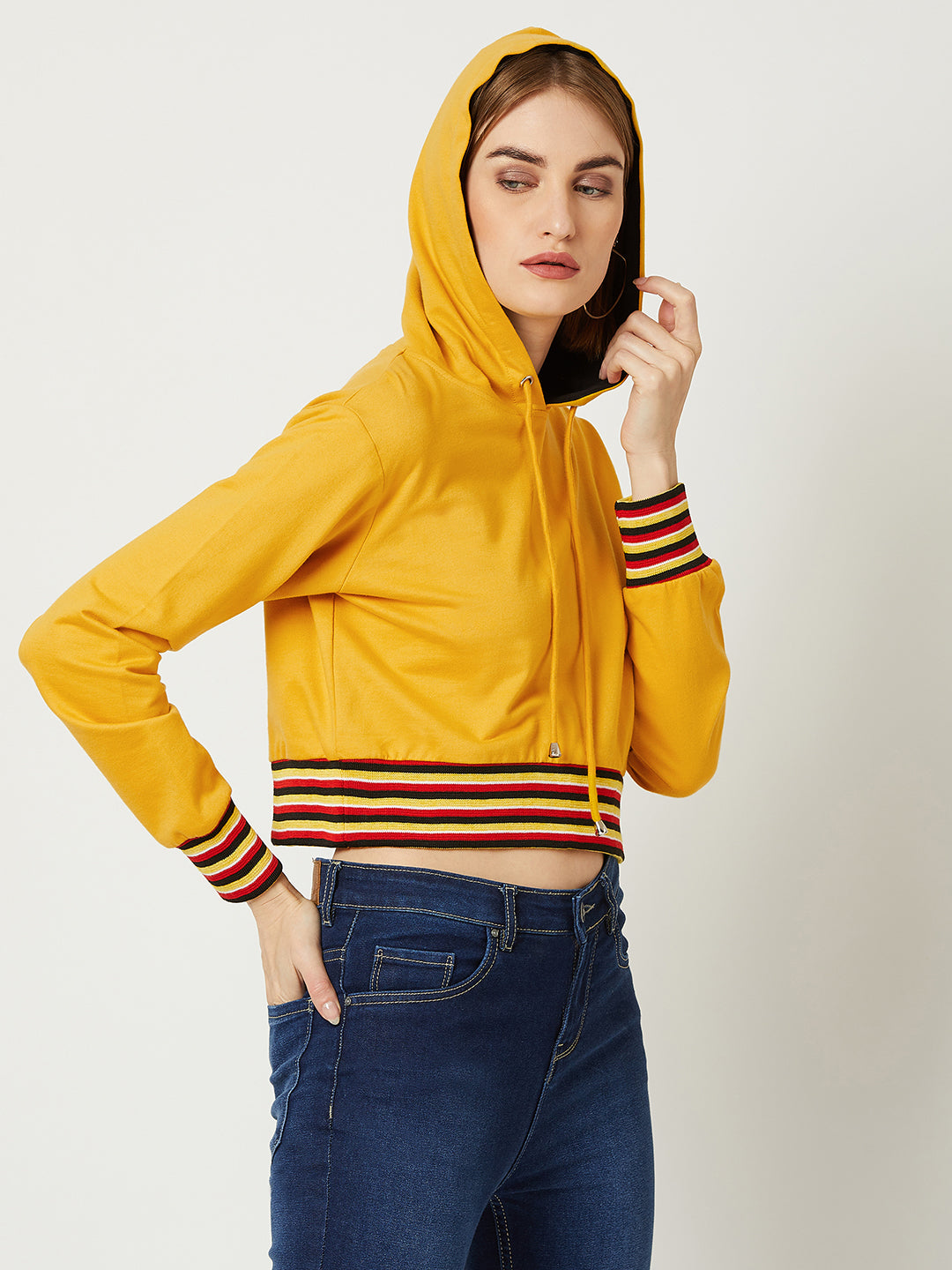 Women's Mustard Yellow Hooded Full Sleeves Loop knit, Rib Solid Boxy Cropped Eyelet Detailing Sweatshirt
