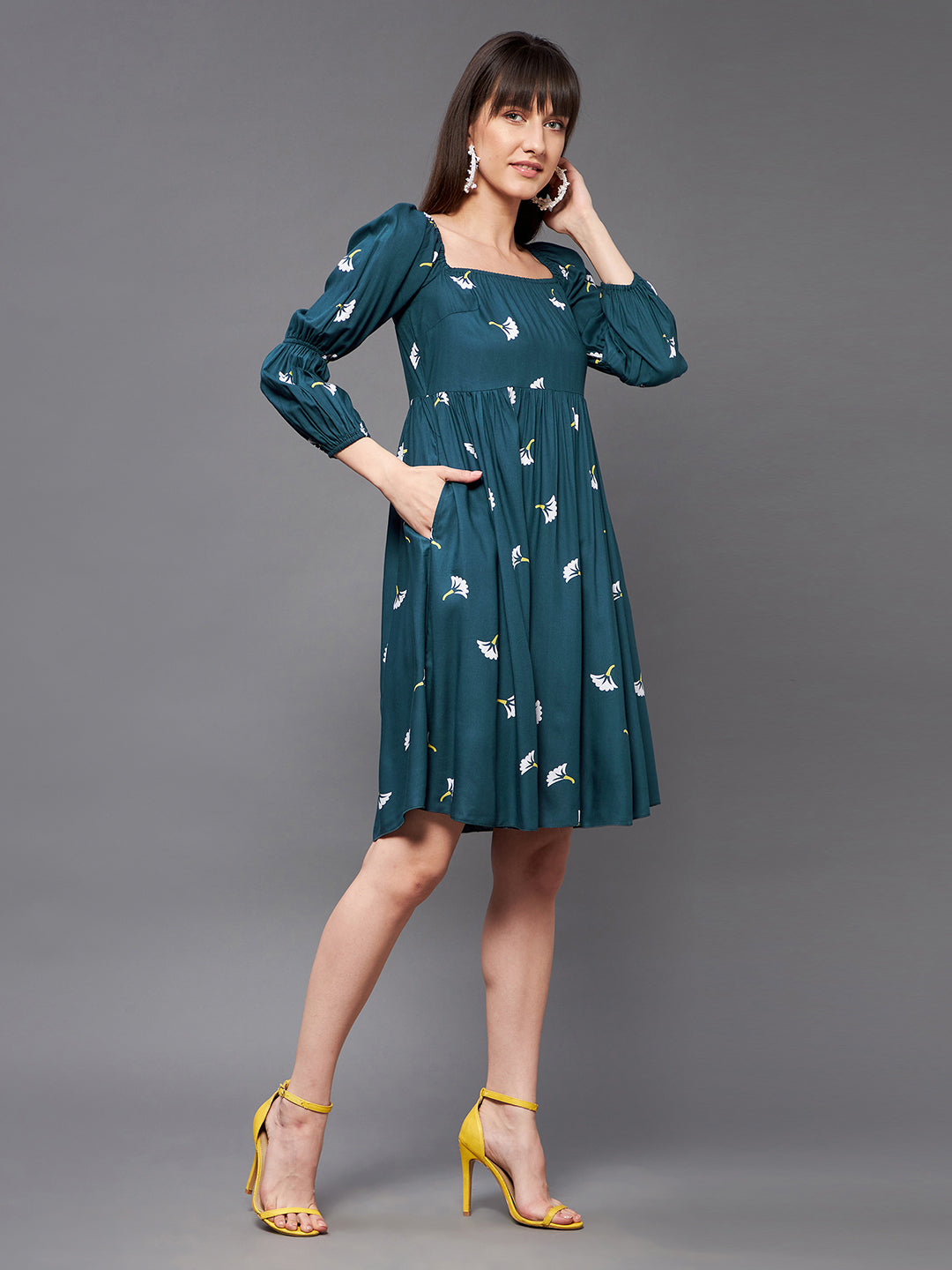 Women's Multicolored-Base-Teal Square Bishop Sleeve Viscose Rayon Floral Gathered Above Knee Dress