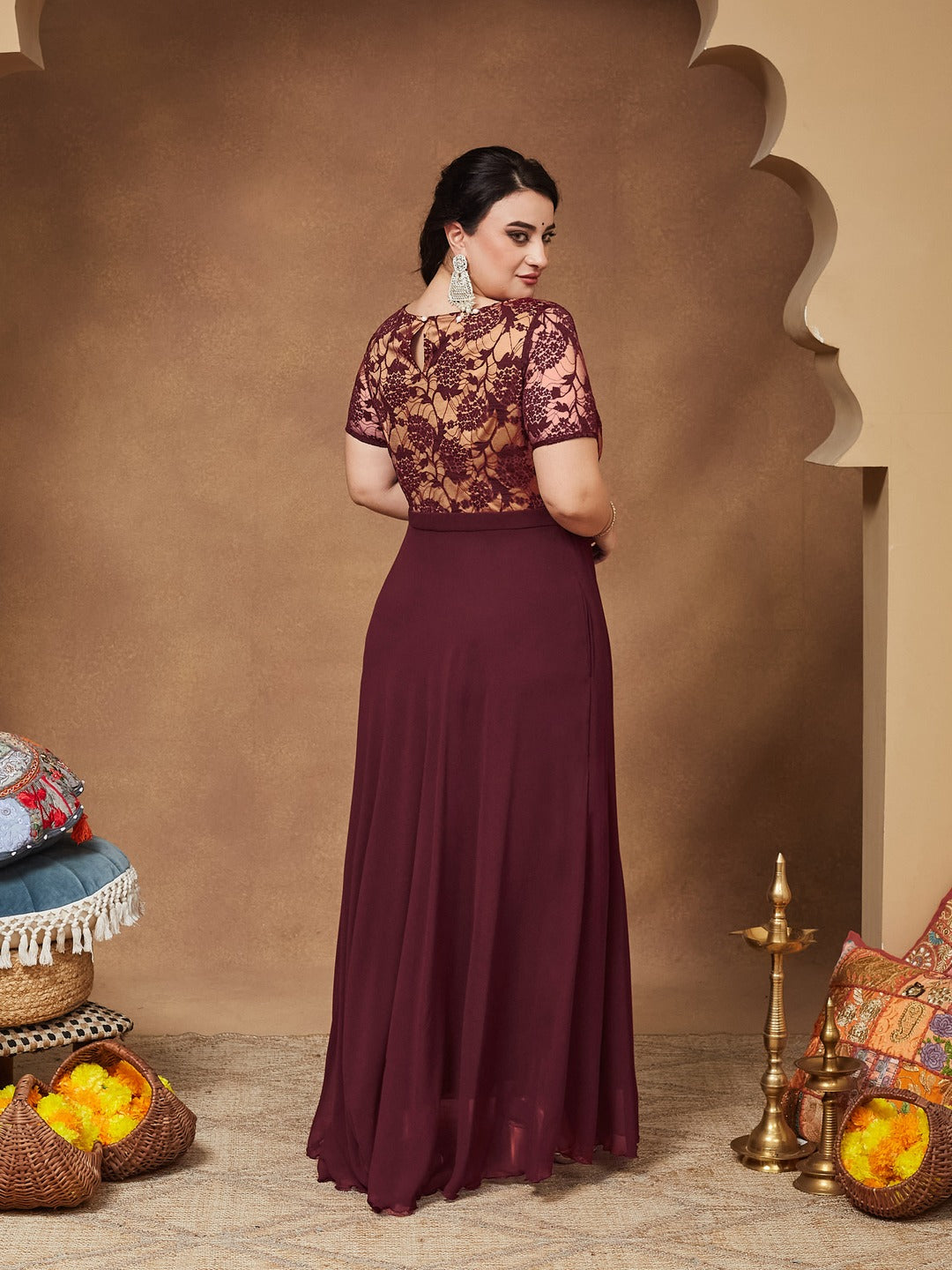 Wine & Beige Relaxed Fit Regular Georgette Dress for Women