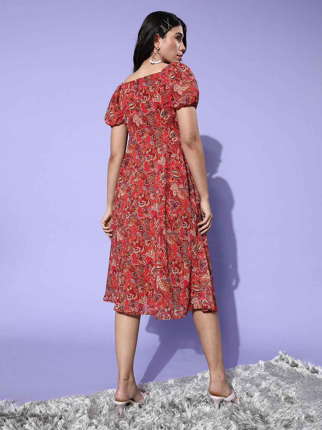 Women's Multicolored-Base-Maroon Sweetheart Half Sleeve Bohemian Fit & Flare Midi Dress