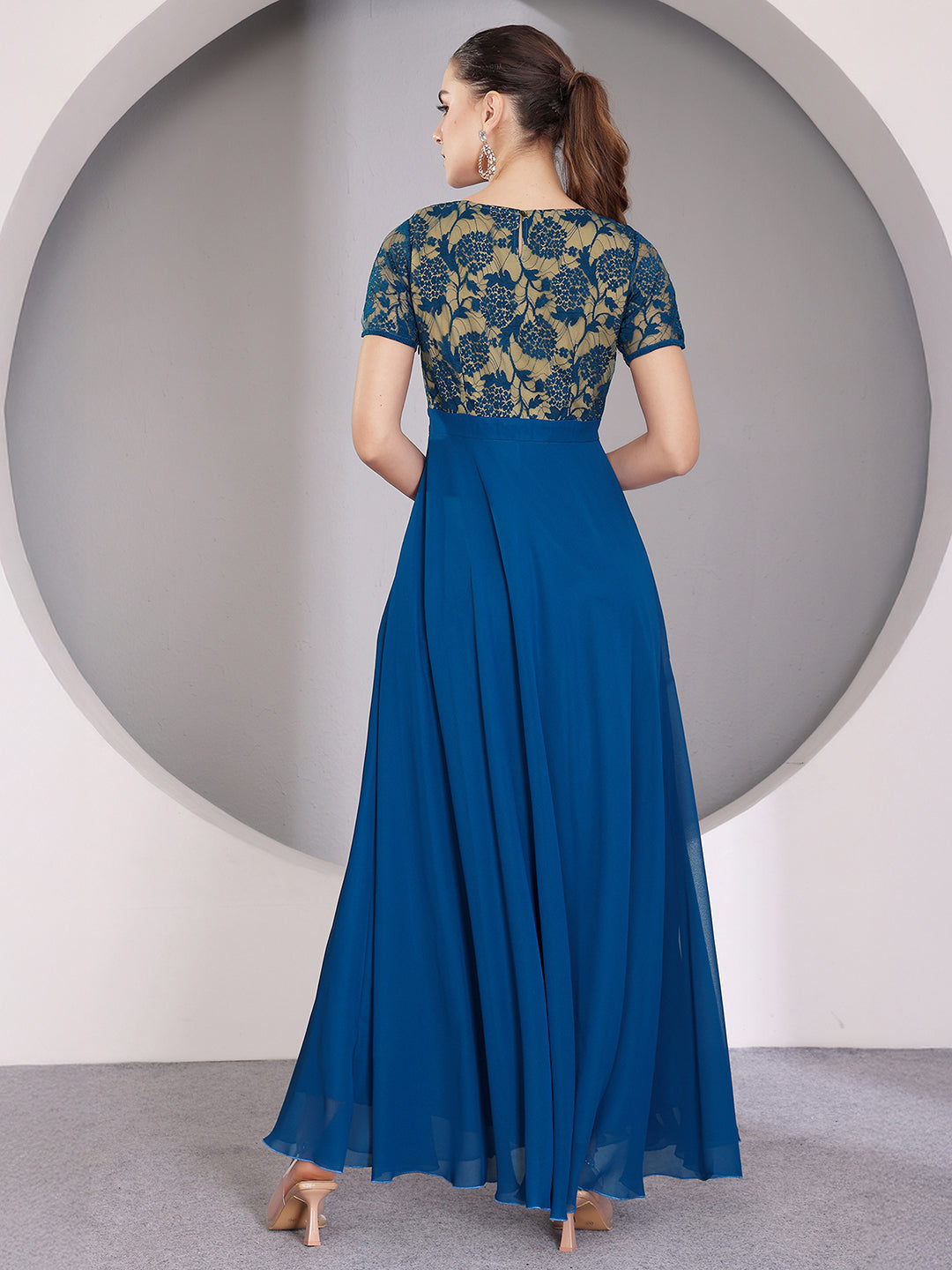 Royal Blue Round Neck Half Sleeve Self Design Fit & Flare Georgette Maxi Dress for Women — Miss Chase
