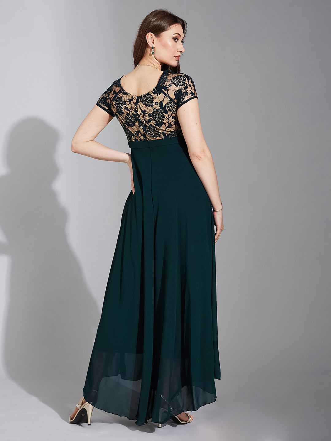 Women's Teal Square Neck Raglan Short Sleeve Self Design Lace Overlaid Georgette Maxi Dress