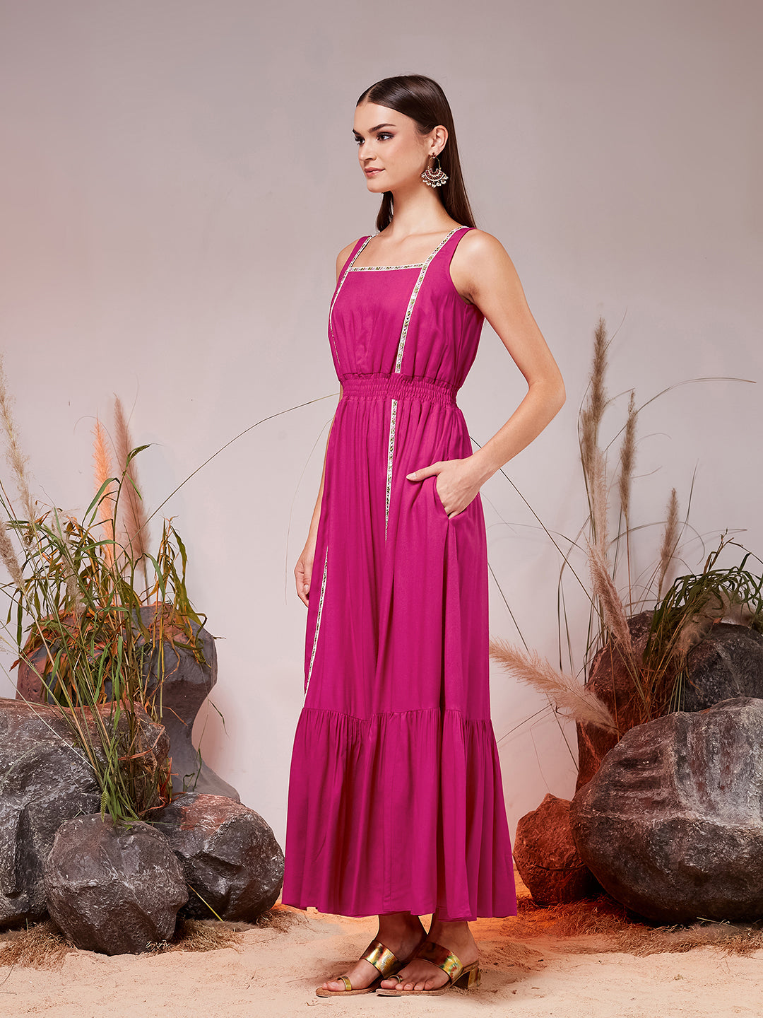 Pink Square Neck Sleeveless Solid Tiered Maxi Viscose Rayon Ethnic Dress for Women — Miss Chase