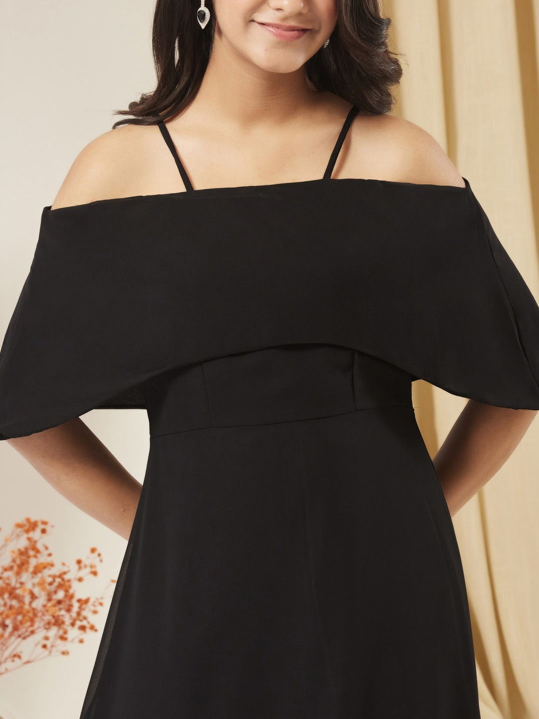 Black Bardot Style Sleeveless Spaghetti Strap Solid Off Shoulder Midi Skater Dress for Girls/Teenagers