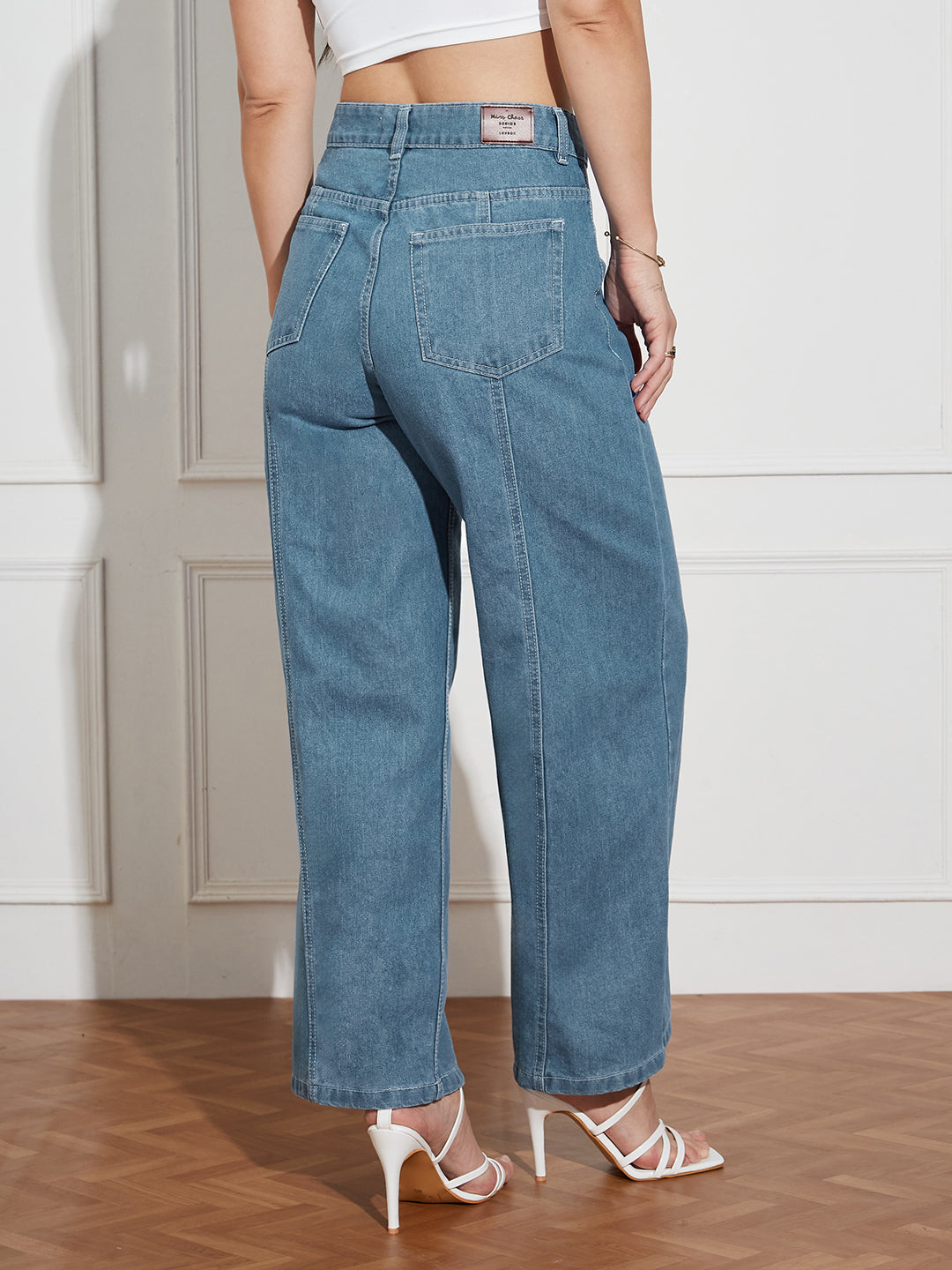 Women's Blue Wide-Leg High-Rise Clean-Look Regular-Length Denim Jeans