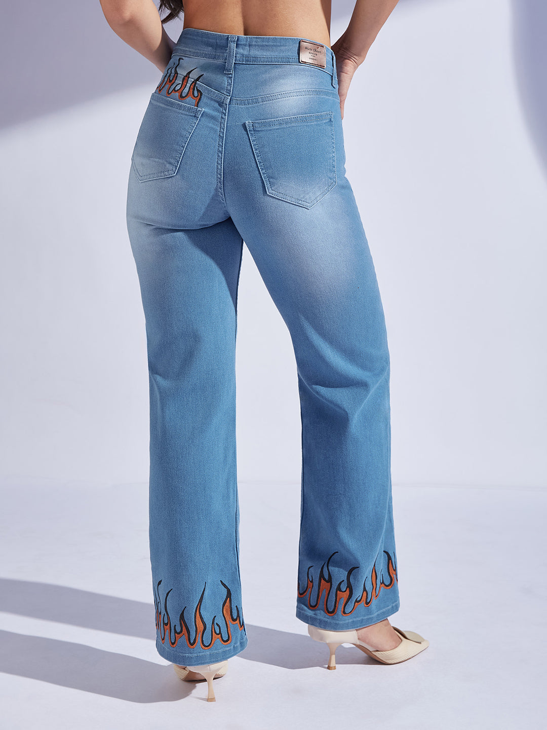 Women's Light Blue Straight Fit Mid Rise Hand Painted Stretchable Denim Jeans