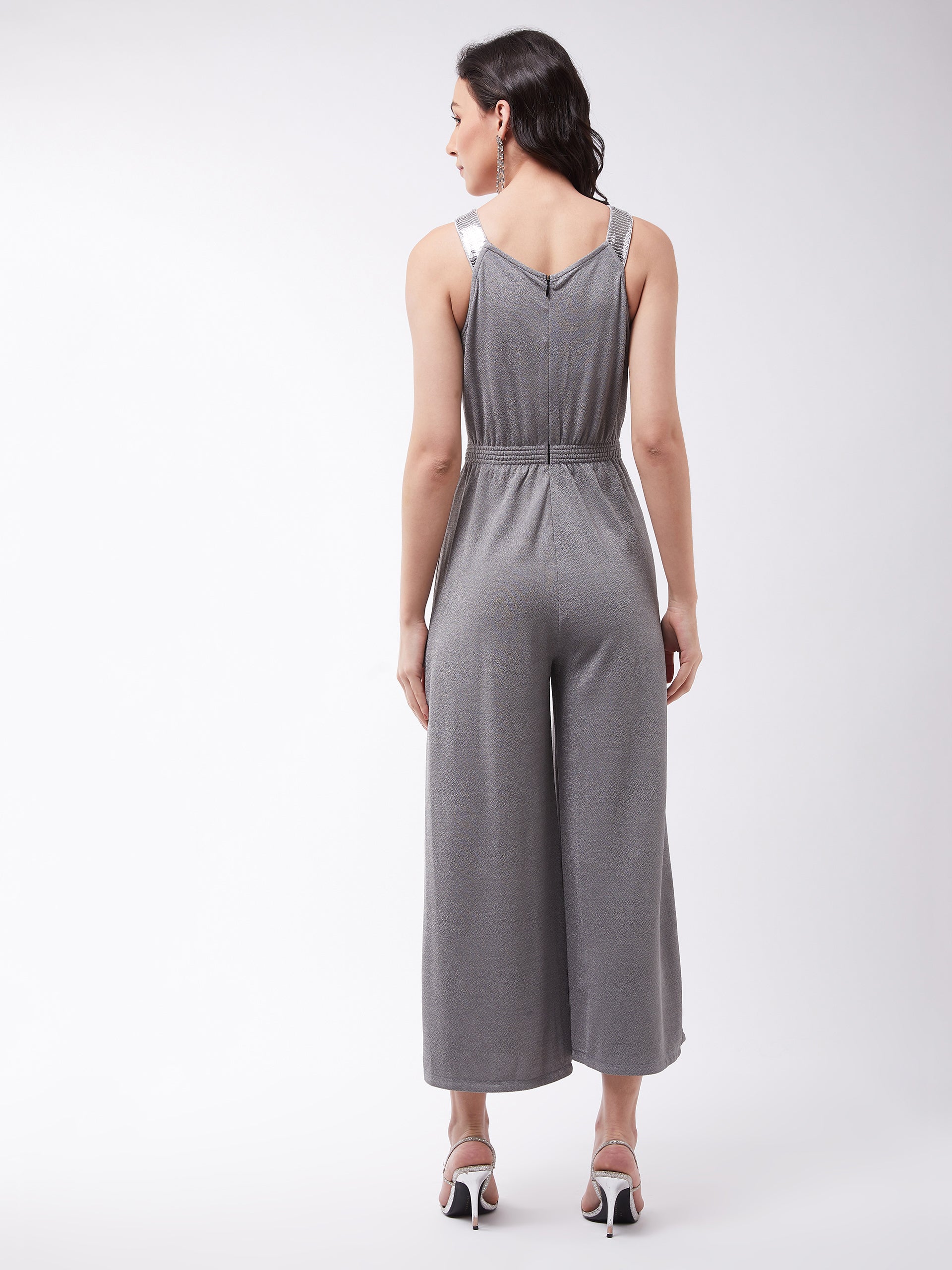 Crease Ease Women's Gray Solid Relaxed Fit V-Neck Sleeveless Elasticated Jumpsuit
