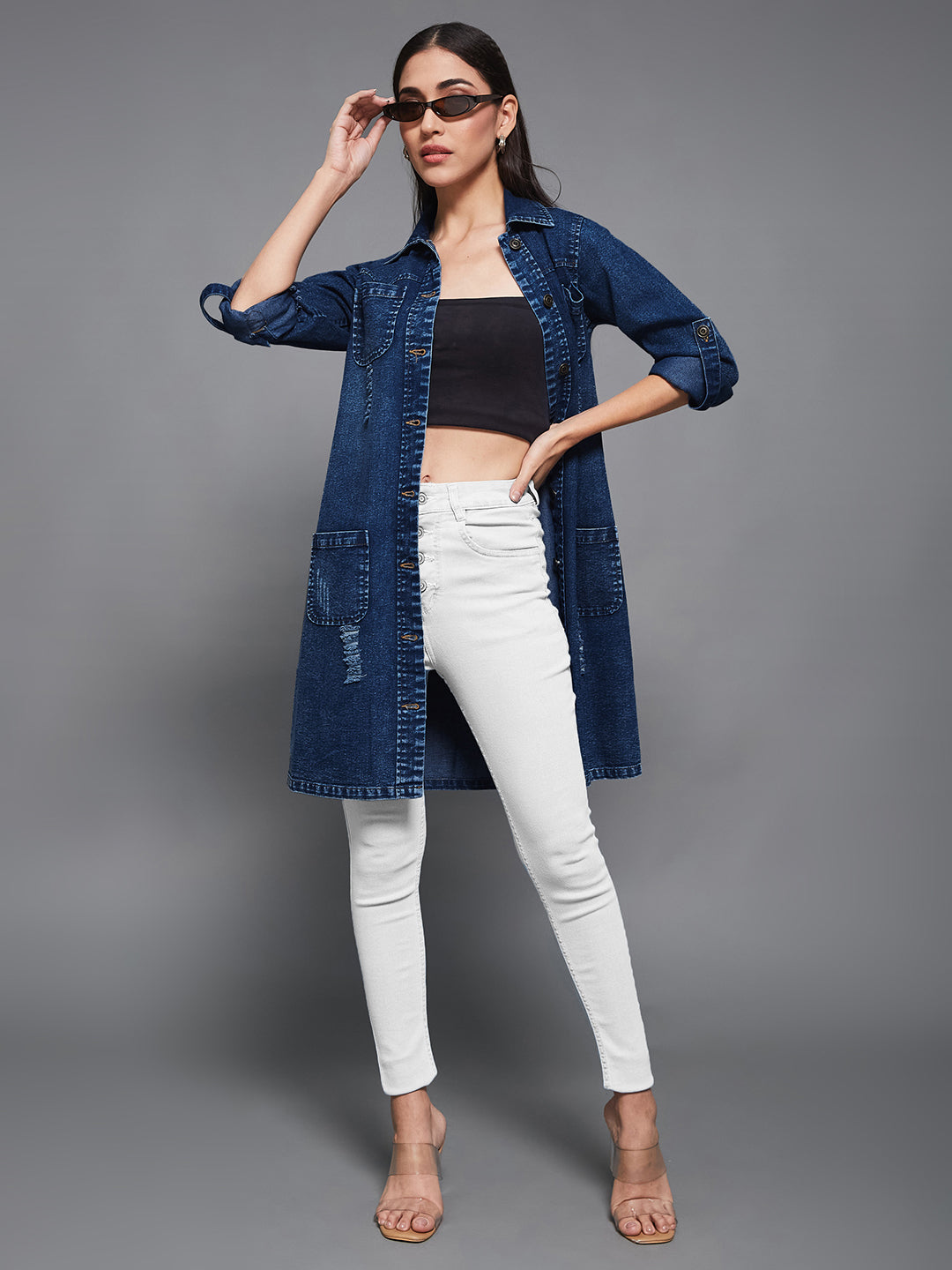 Navy-Blue Solid Polo Neck Full Sleeves Patch Pocket Denim Overcoat Knee-Length Jacket for Women