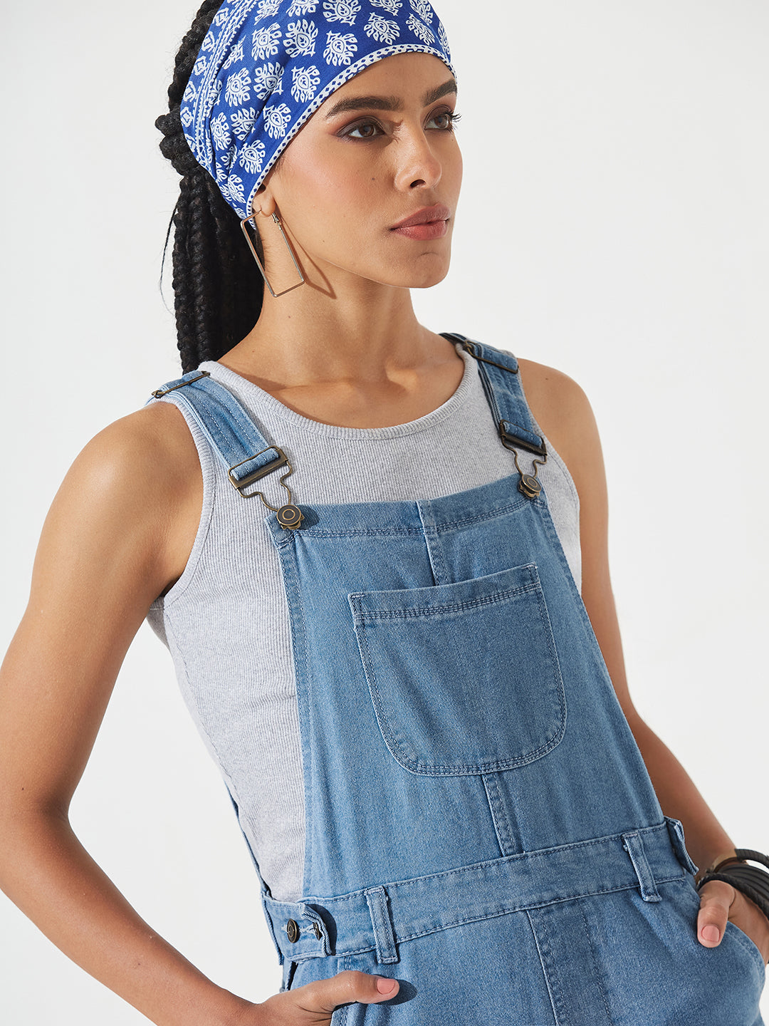 Light-Blue Regular Fit Mid-Rise Ripped Denim Dungaree for Women