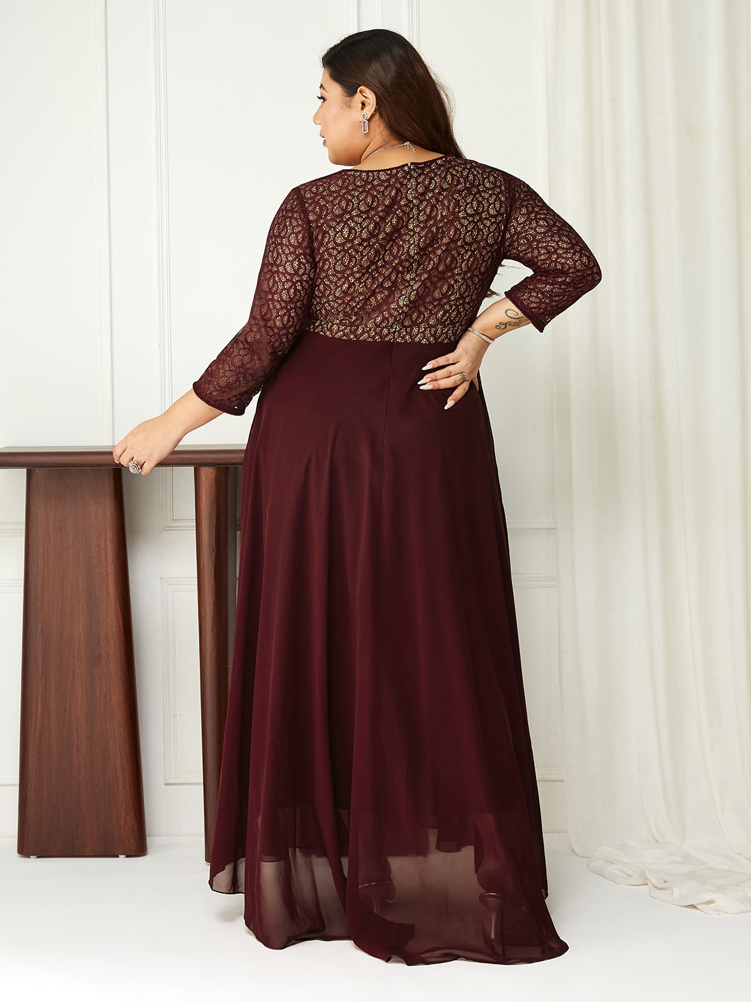 Wine Long Sleeves Fit and Flare Wrap Maxi Dress Gown with Lace Belt for Women | Bridesmaids' Favourites