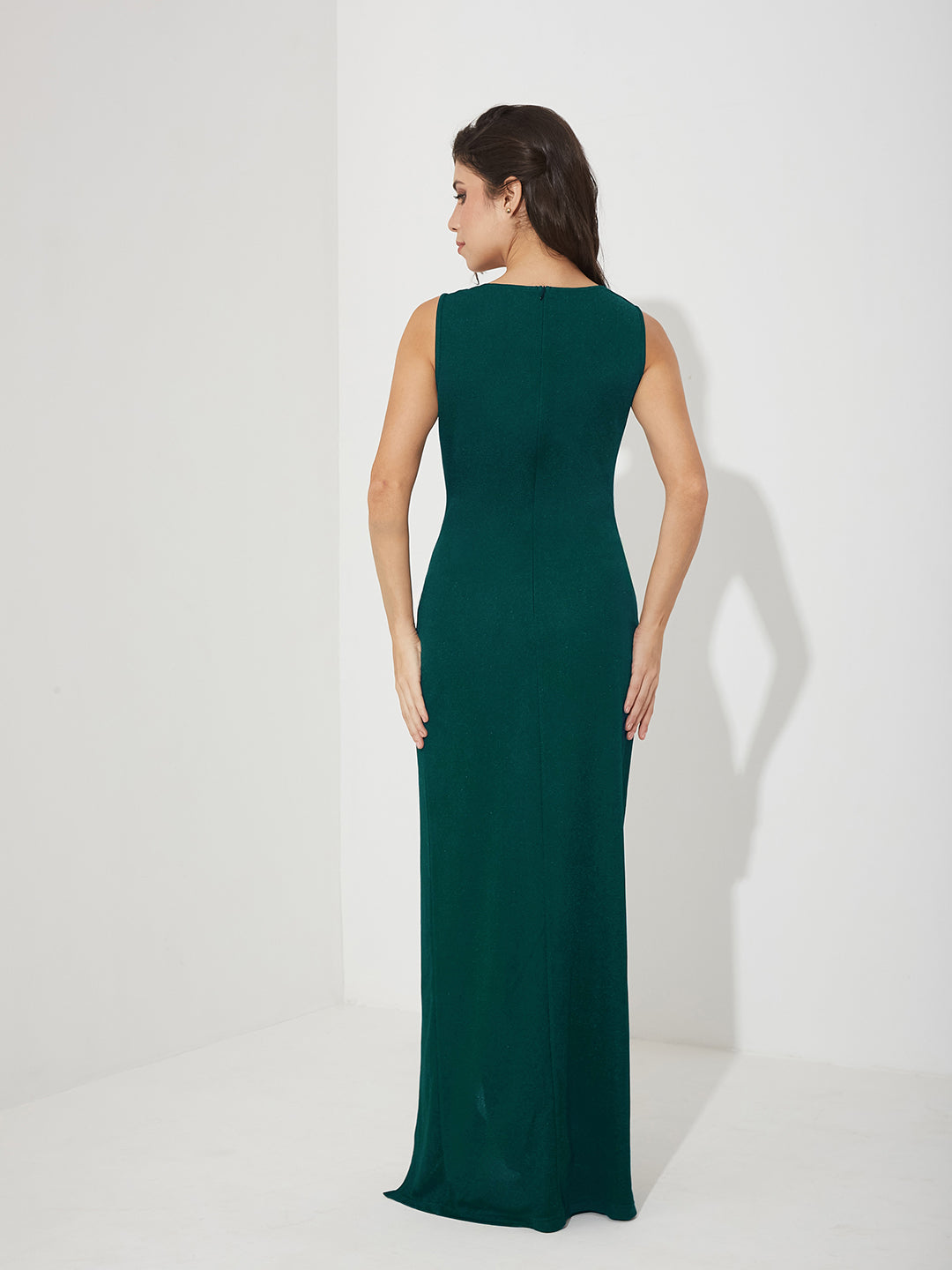 Women’s Bottle Green Asymmetric Cowl Sleeveless Solid Bodycon Maxi Polyester Dress for Women
