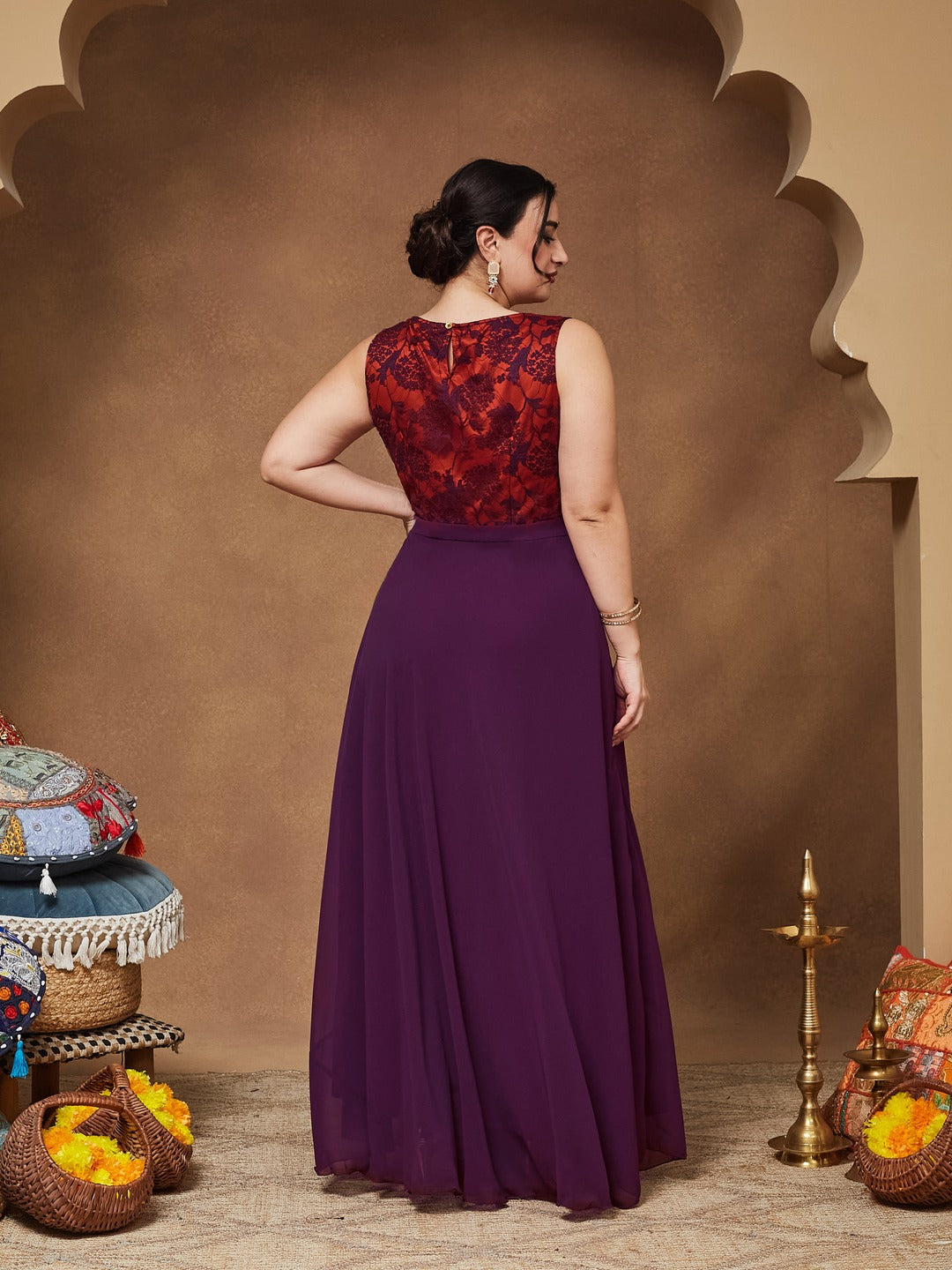 Dark Purple Round Neck Sleeveless Georgette & Lace Floral Fit & Flare Maxi Dress for Women — Miss Chase A+