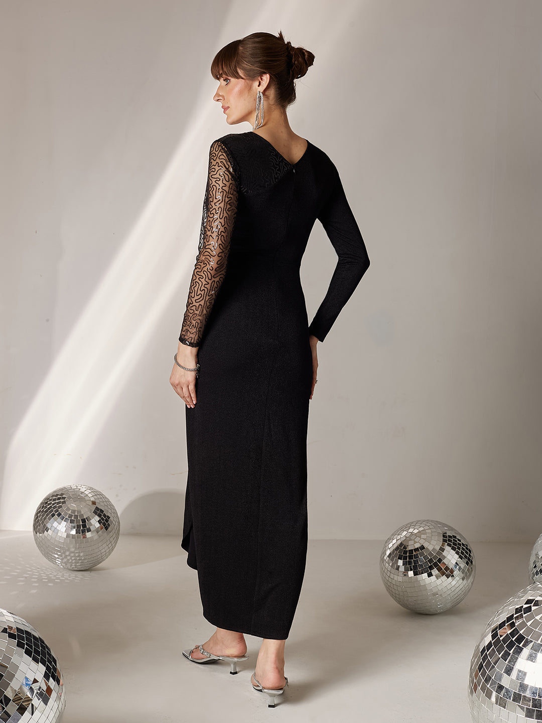 Women's Black V-Neck Full Sleeve Embellished Pleated Longline Dress
