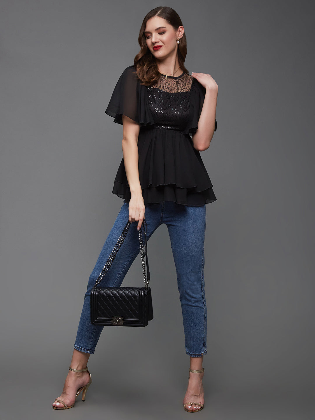 Women's Black Embellished Round Neck Flared Sleeves Georgette Layered Regular Length Top