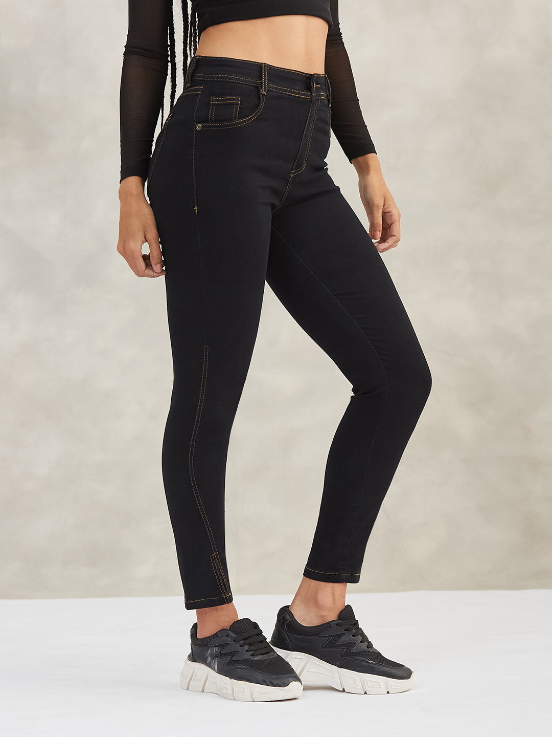 Women's Black Skinny High-Rise Side-Slit Solid Stretchable Denim Jeans