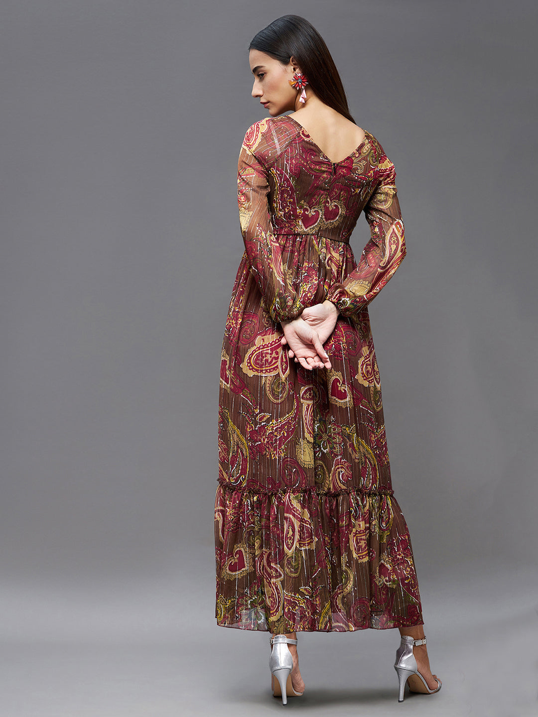 Brown Full Sleeves Printed Maxi Dress Long Dress Frock