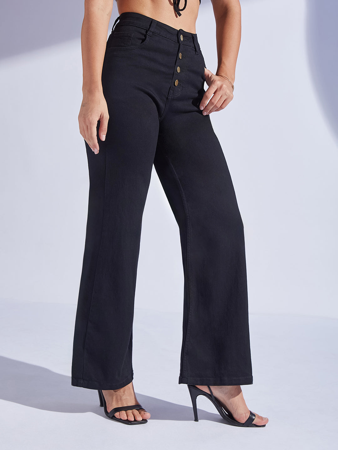 Women's Black Wide Leg High-Rise Stretchable Denim Jeans