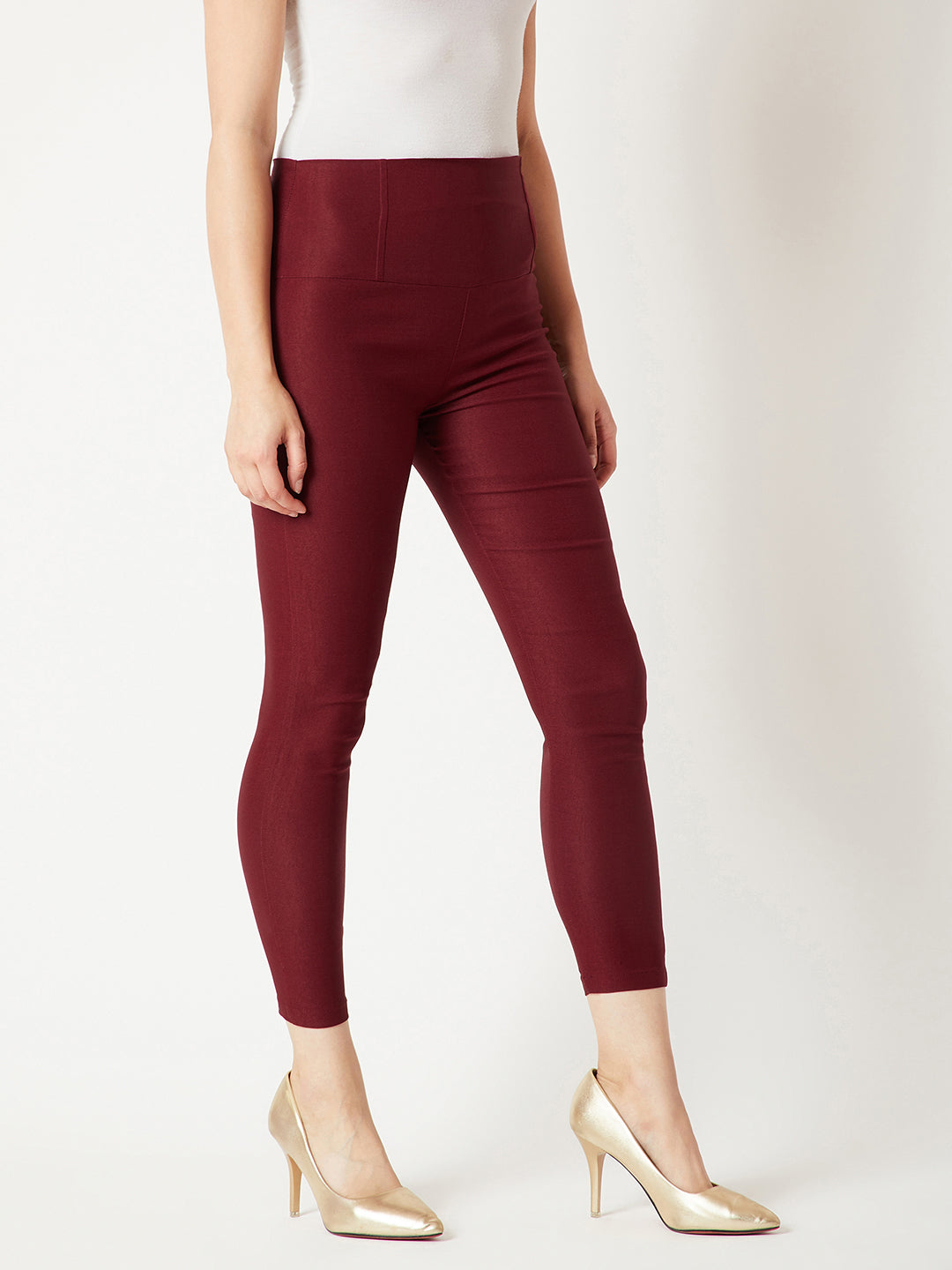 Women's Maroon Solid Skinny High Waist Regular Length Slim Fit Jeggings