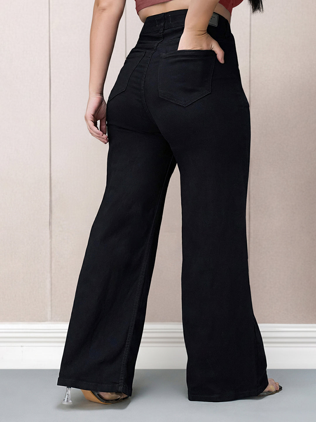Black Wide Leg High Rise Stretchable Denim Jeans for Women
