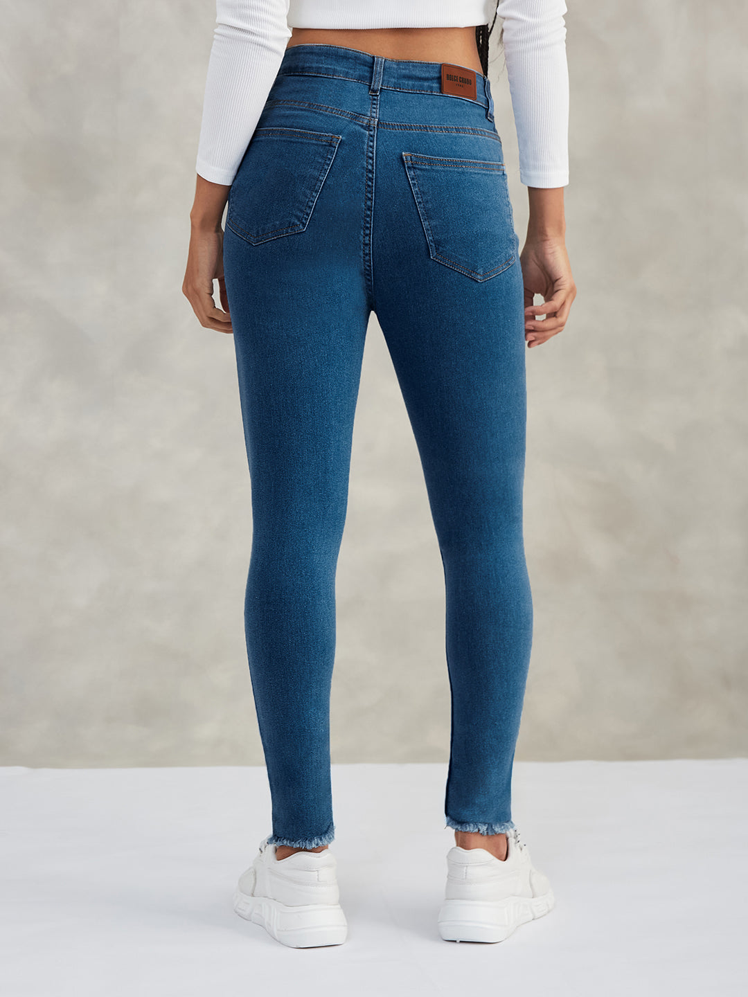 Women's Blue Skinny High-Rise Cropped-Length Fringe Detailing Stretchable Denim Jeans